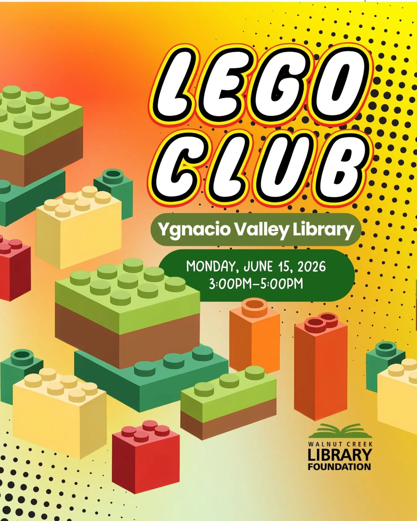 Here&rsquo;s an easy win for the kids.

LEGO&reg; Club is happening at Ygnacio Valley Library on Monday, June 15 from 3:00 to 5:00 p.m. Kids are invited to drop in, get creative, and build with LEGO&reg; bricks provided by the library.

No registrati