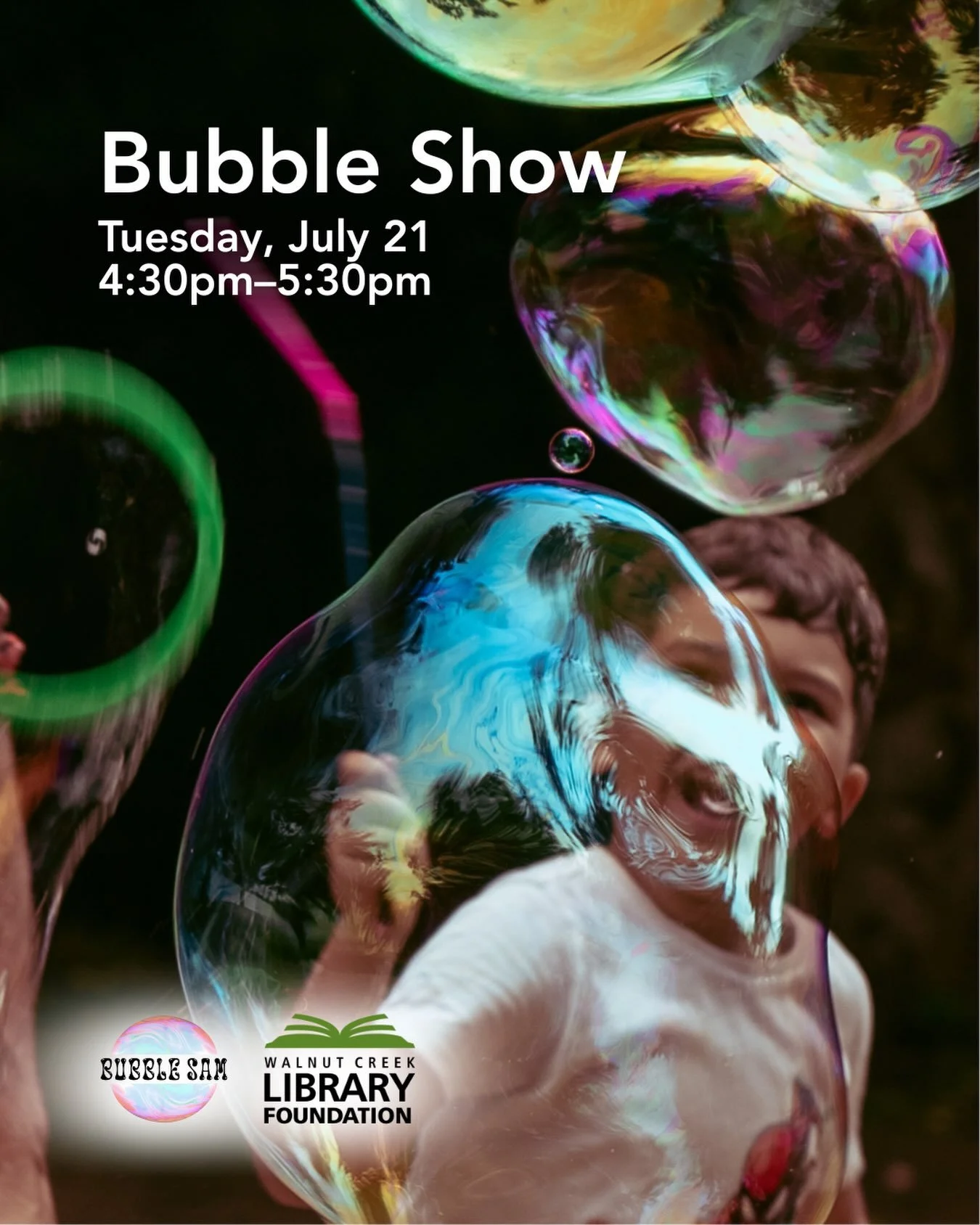 Tiny bubbles? Not today.

We&rsquo;re talking bubble snow, volcano bubbles, square bubbles, and yes, the kind of giant bubble your kid will talk about all the way home.

Join us at the Walnut Creek Library for a magical, interactive afternoon with Bu