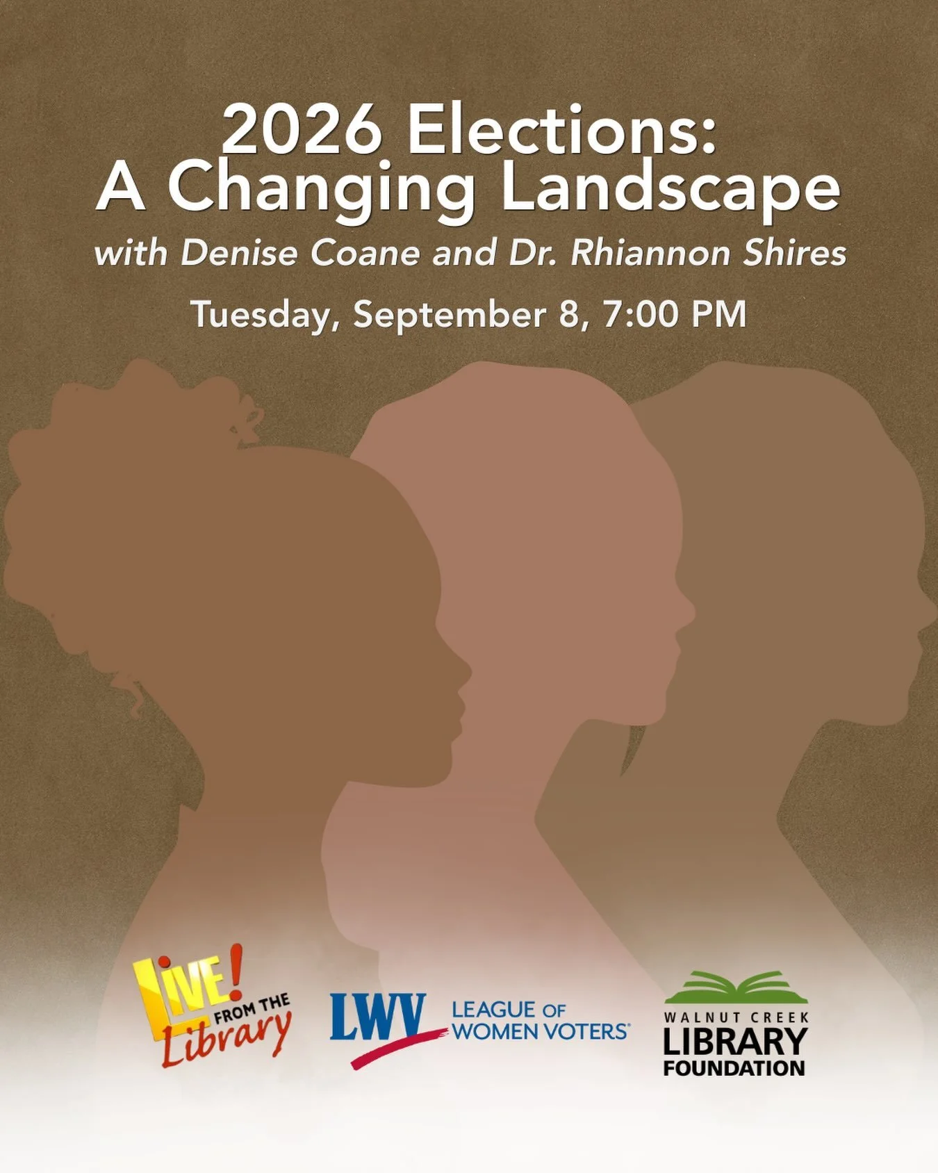 Elections are changing. Do you know what&rsquo;s changing with them?
Join us September 8 at the Downtown Walnut Creek Library for the next WCLF Live! event, featuring the League of Women Voters Diablo Valley.
Denise Coane and Dr. Rhiannon Shires will