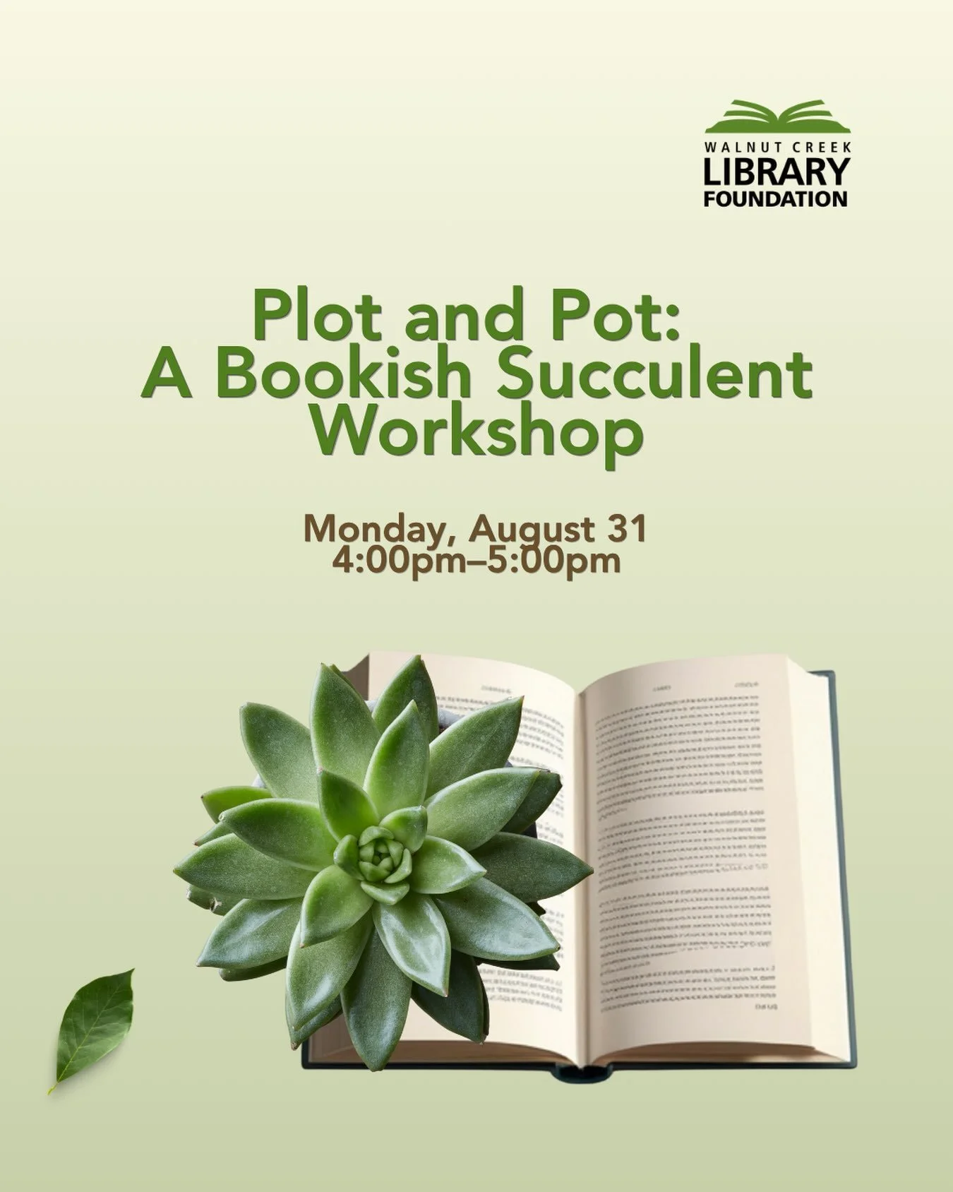 Books, plants, and a little creative chaos. Perfect library afternoon.

Teens ages 13&ndash;18 are invited to Plot and Pot: A Bookish Succulent Workshop on Monday, August 31 from 4&ndash;5 PM at the Walnut Creek Library.

Paint a flower pot inspired 