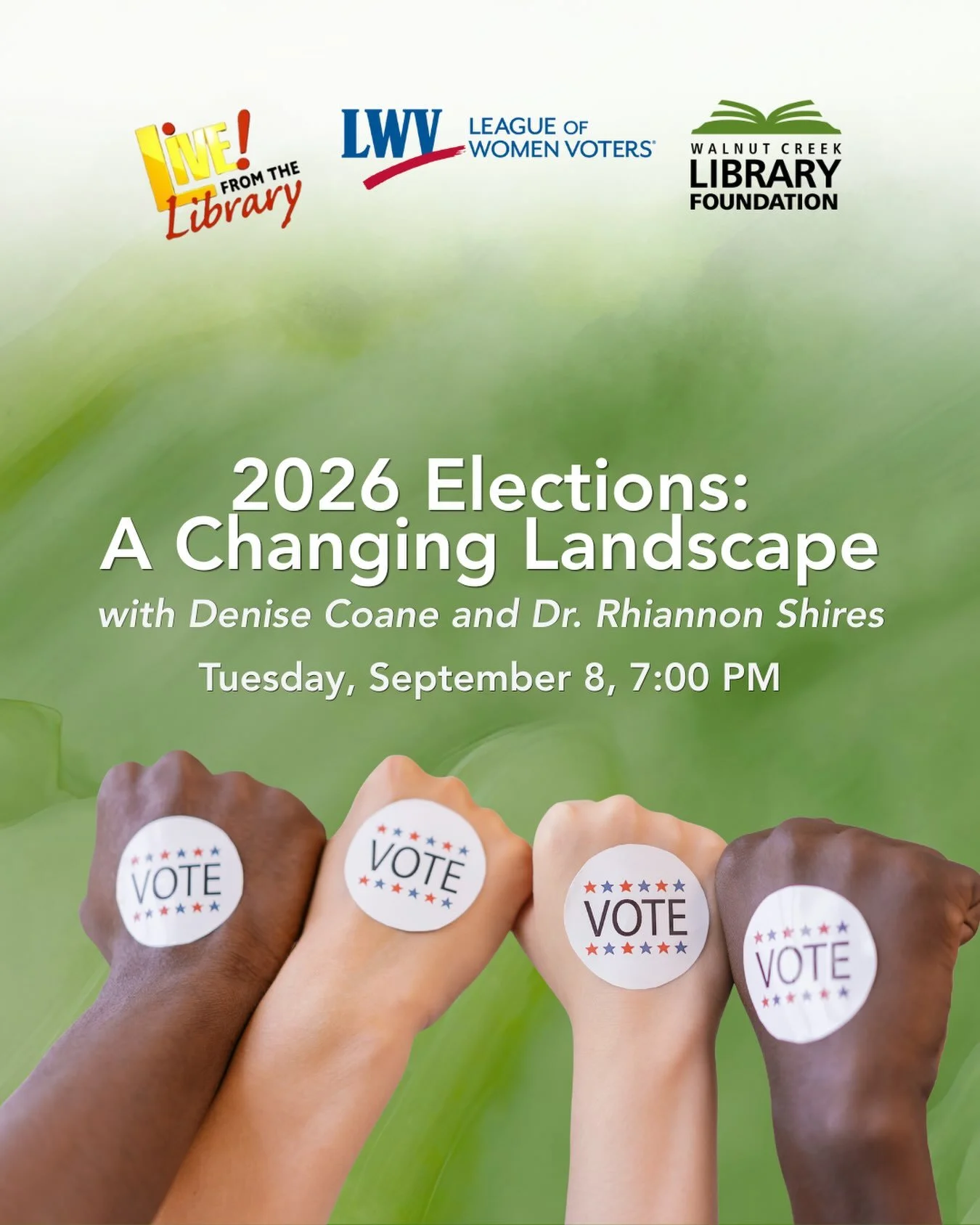There&rsquo;s a lot changing about how we vote. So, what should we actually know heading into 2026? 
On September 8, WCLF welcomes the League of Women Voters Diablo Valley for &ldquo;2026 Elections: A Changing Landscape.&rdquo;
No campaign pitches. N