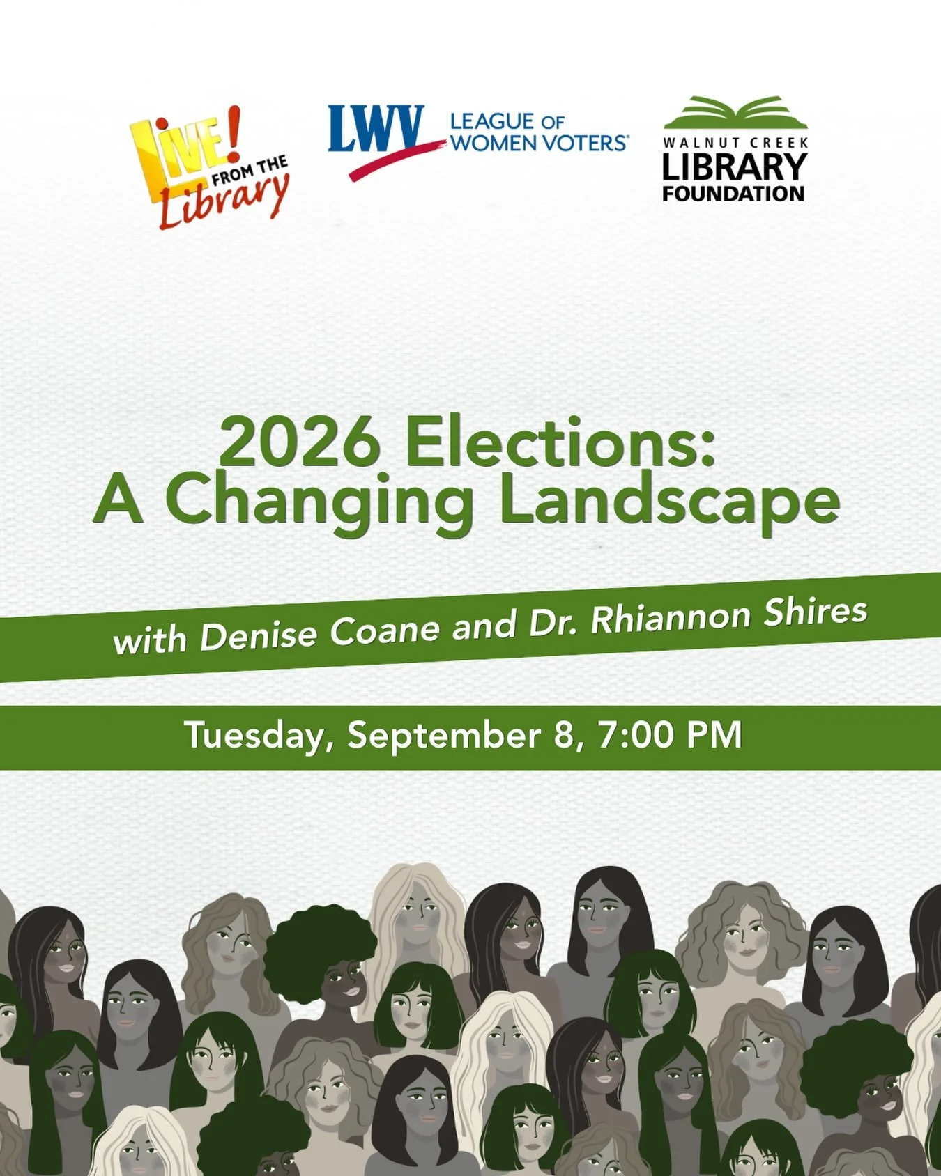 Remember. This is tonight!
Save the date, Walnut Creek! 🗓️
The 2026 elections are coming, and the landscape is changing.
Join WCLF and the League of Women Voters Diablo Valley on September 8 for a practical, nonpartisan look at what&rsquo;s changing