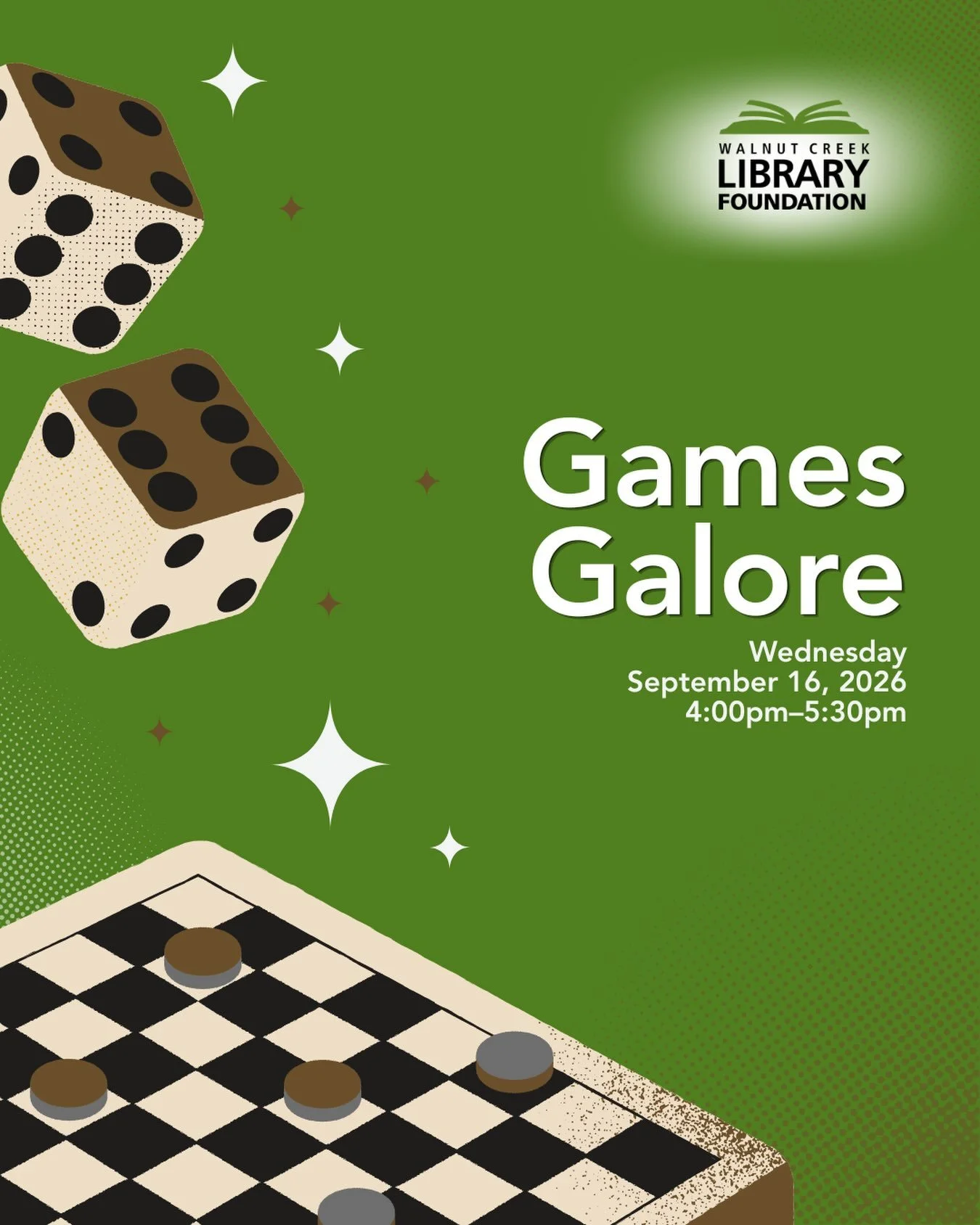 Game on at the Walnut Creek Library.

Join us for Games Galore on Wednesday, September 16 from 4&ndash;5:30 PM for an afternoon of video games, board games, puzzles, and family fun.

Best for ages 5 and up. No registration required, just drop in and 