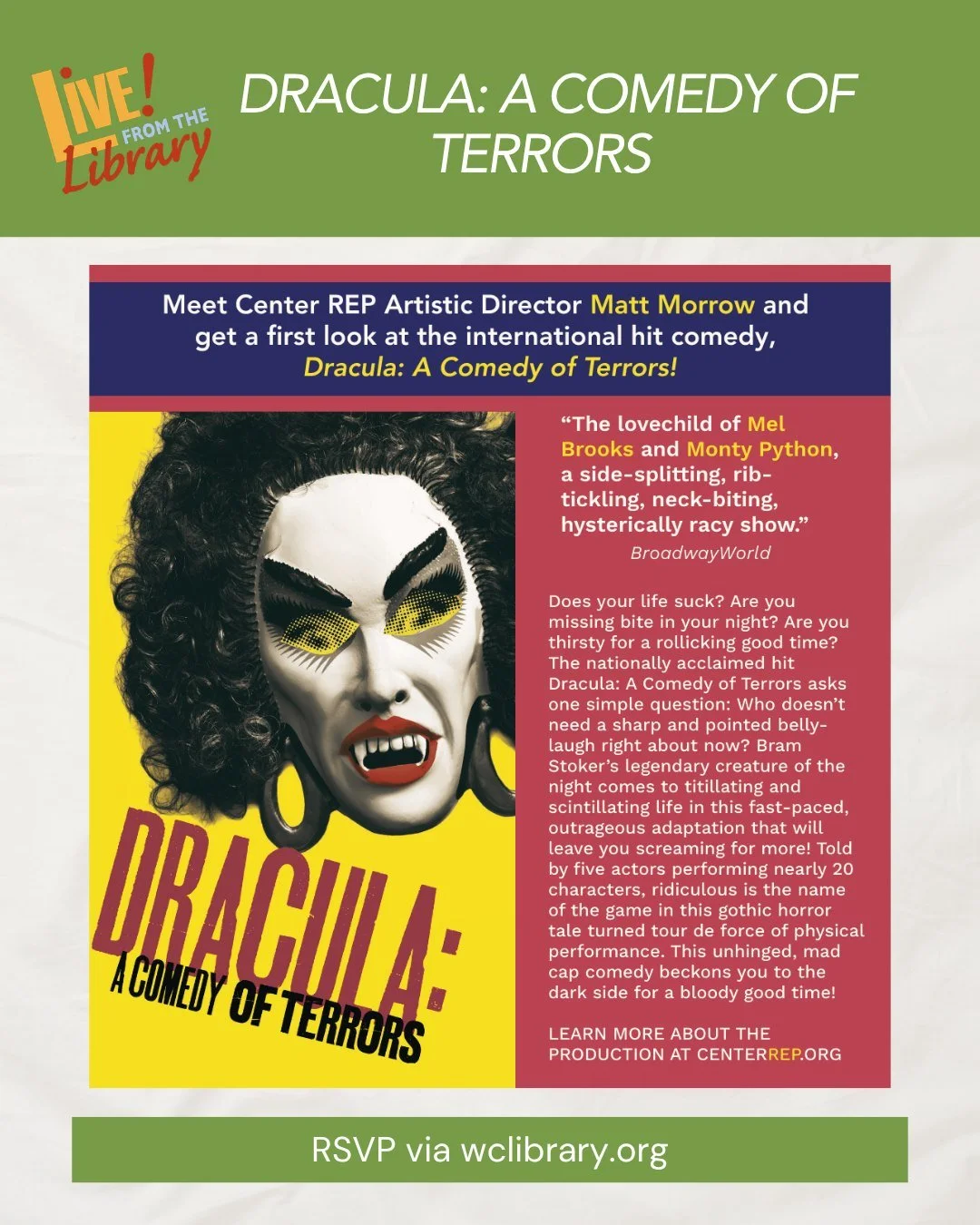 Join our conversation with @centerrep's Matt Morrow as we discuss vampires, comedies, and all things Dracula, previewing the highly anticipated 'Dracula: A Comedy of Terrors' on Tuesday, October 13 at 7pm at the Walnut Creek Library. 

This free even