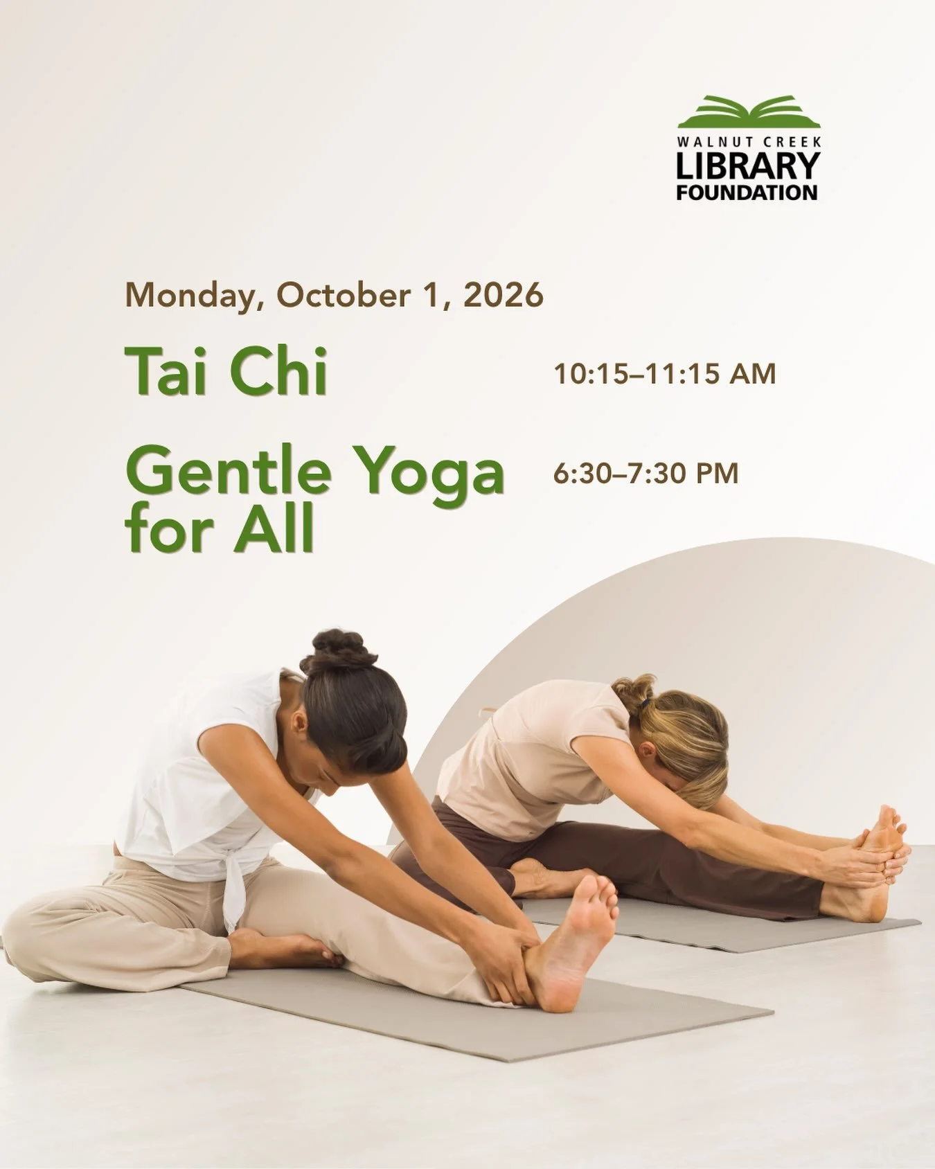 Ease into the week with movement and mindfulness at the Walnut Creek Library.

Join us Monday, October 5 for two wellness programs:

Tai Chi
10:15&ndash;11:15 AM
A gentle movement class focused on balance, strength, and relaxation.

Gentle Yoga for A