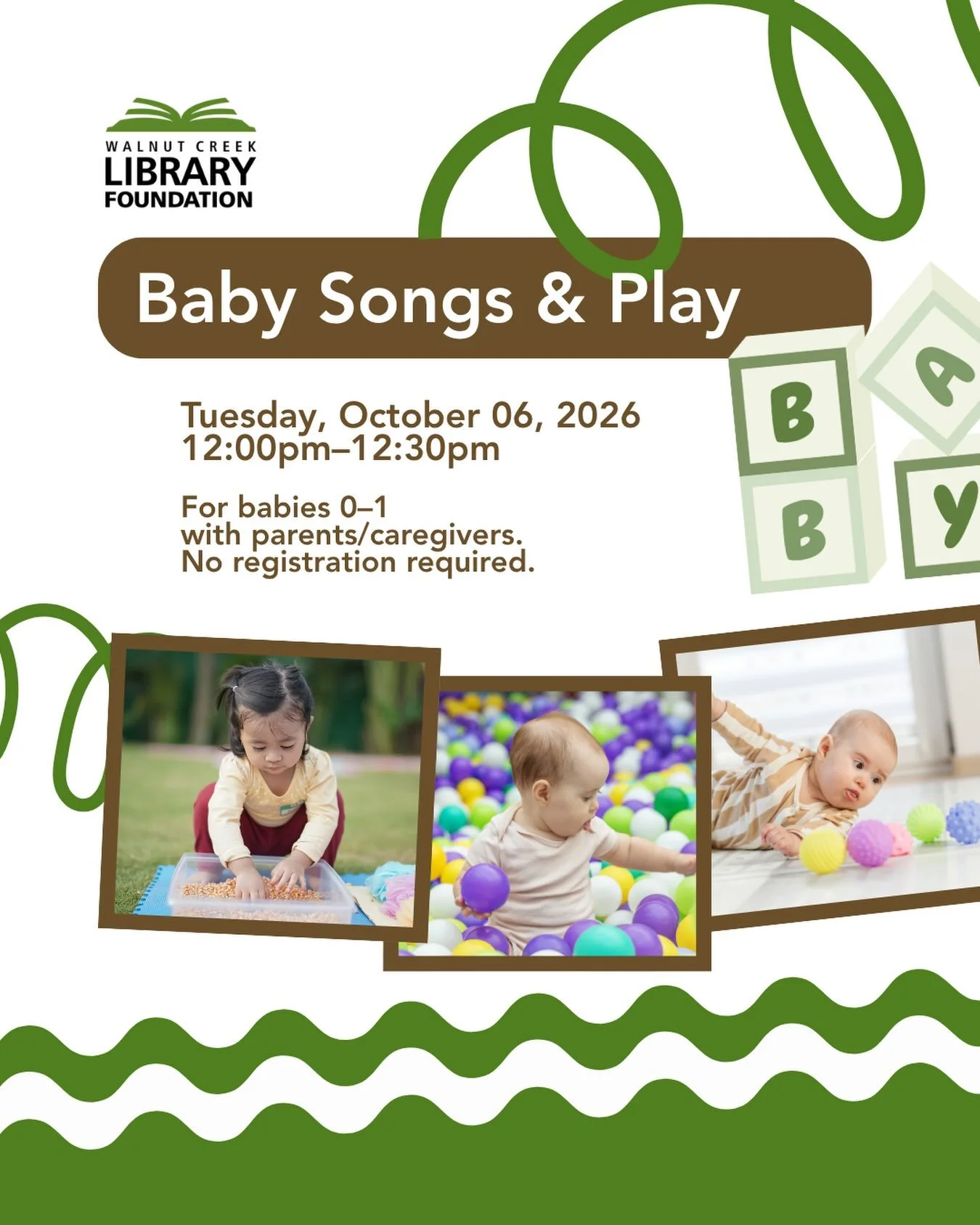 Songs, fingerplays, lap bounces, and time to play together.

Baby Songs &amp; Play invites parents and caregivers with babies ages 0&ndash;1 to enjoy a sweet, interactive program designed just for little ones.

Stay after to play and connect with oth