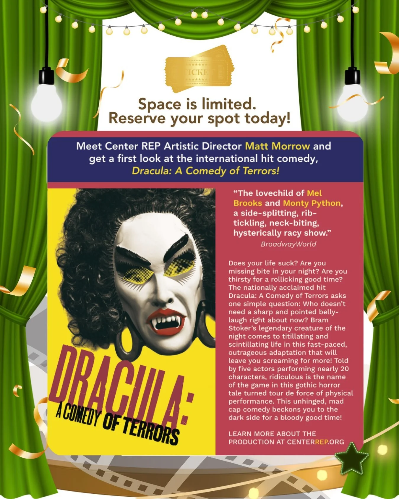 A little spooky, a little funny, and very Live! From the Library.

Join WCLF on Tuesday, October 13 at 7 PM at the Walnut Creek Library&rsquo;s Oak View Room for a free behind-the-scenes look at Center REP&rsquo;s upcoming show, Dracula: A Comedy of 