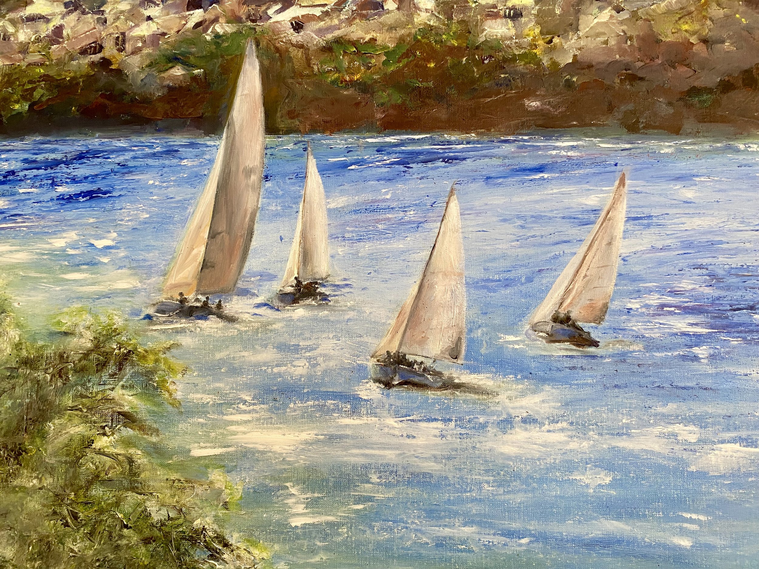 A painting of four sailboats on a body of water with a forested shoreline in the background and some greenery in the foreground.