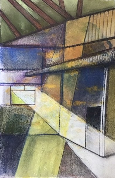 Abstract watercolor painting of an interior space with colorful walls, a window letting in sunlight, and a door.