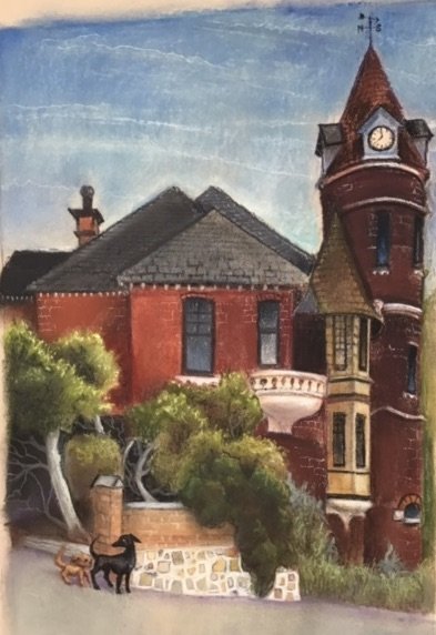 Painting of a red brick house with a clock tower and greenery in the foreground.