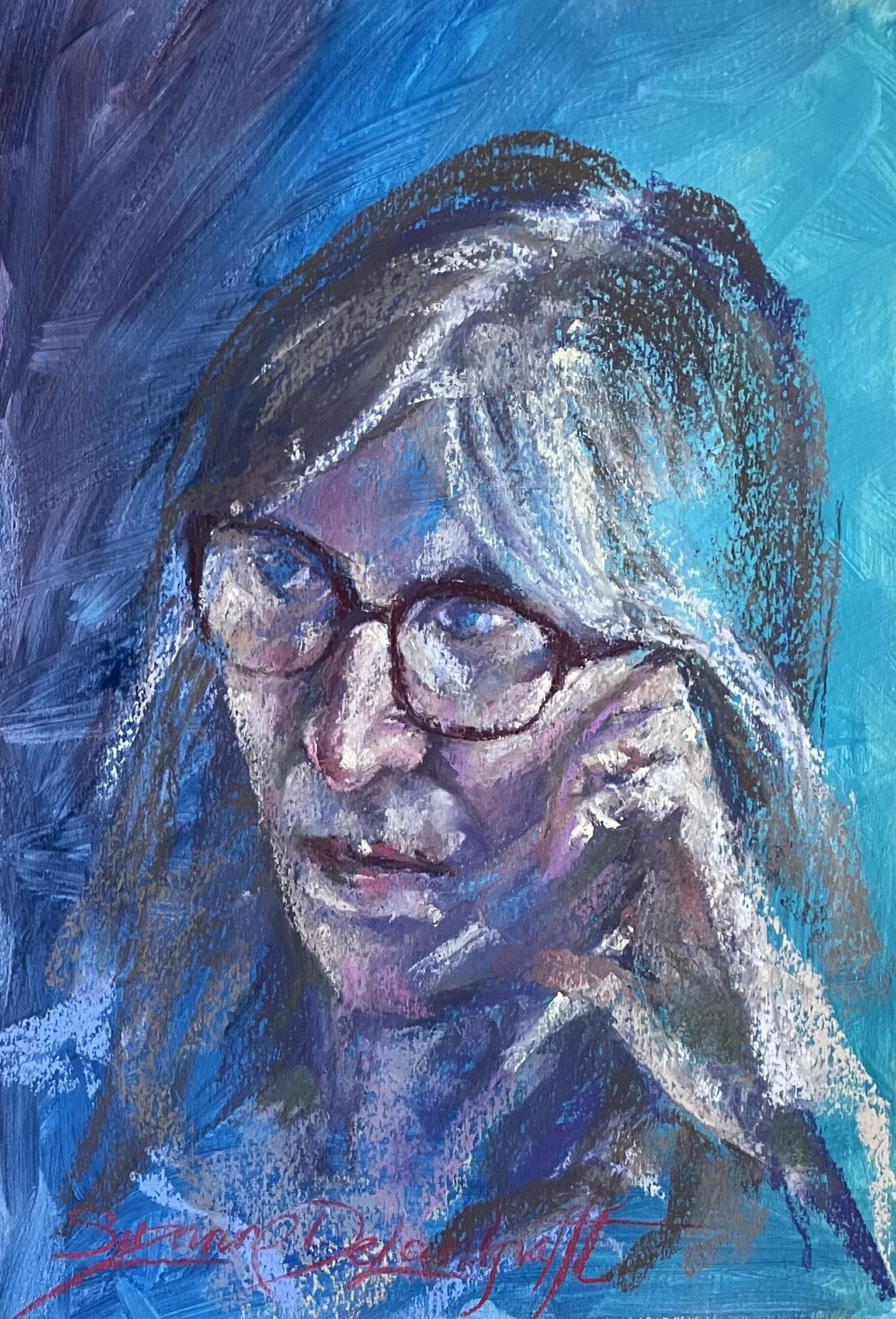 A colorful, textured painting of a woman with glasses, resting her chin on her hand, painted in shades of blue, purple, and white.