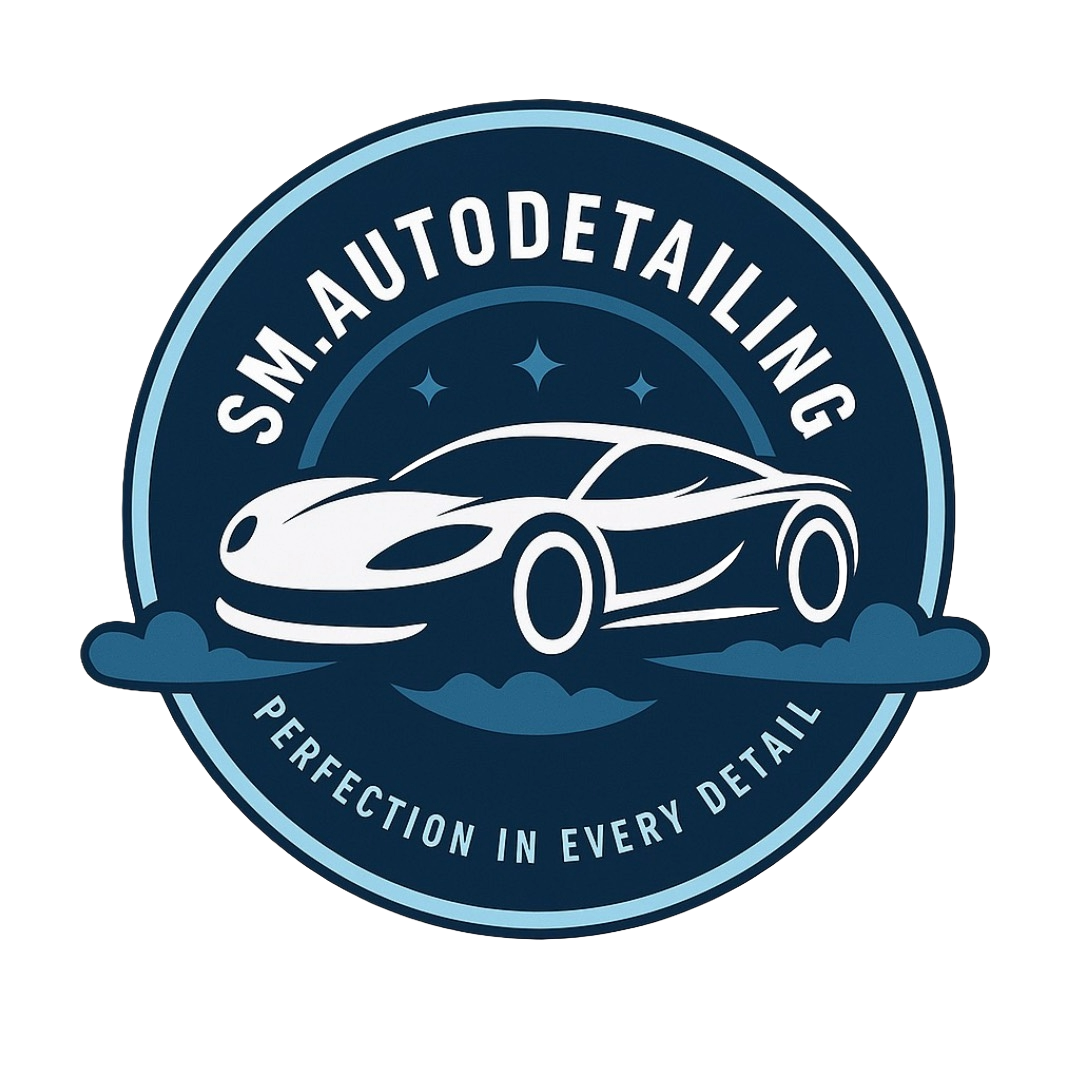 A circular badge logo for SM Autodetailing featuring a sleek sports car illustration, stars around the top, and the tagline 'Perfection in Every Detail' at the bottom.