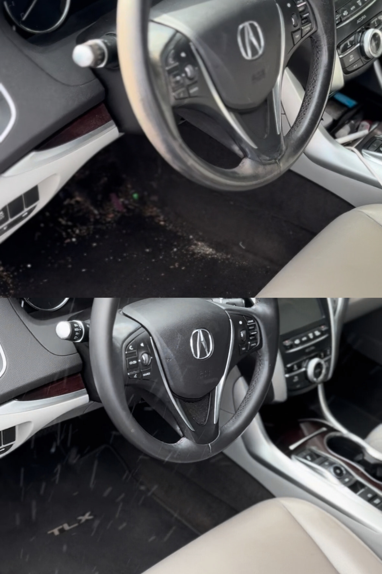 Comparison of a car interior before and after cleaning, focusing on the steering wheel, dashboard, and floor mats.