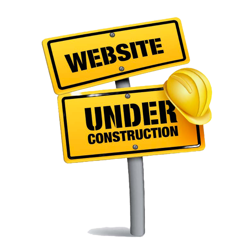 A street sign with two yellow boards. The top sign reads 'Website' and the bottom sign reads 'Under Construction.' There is a yellow construction helmet hanging on the right side of the sign.