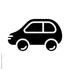 A simple black line drawing of a small car with two doors and rounded shape.