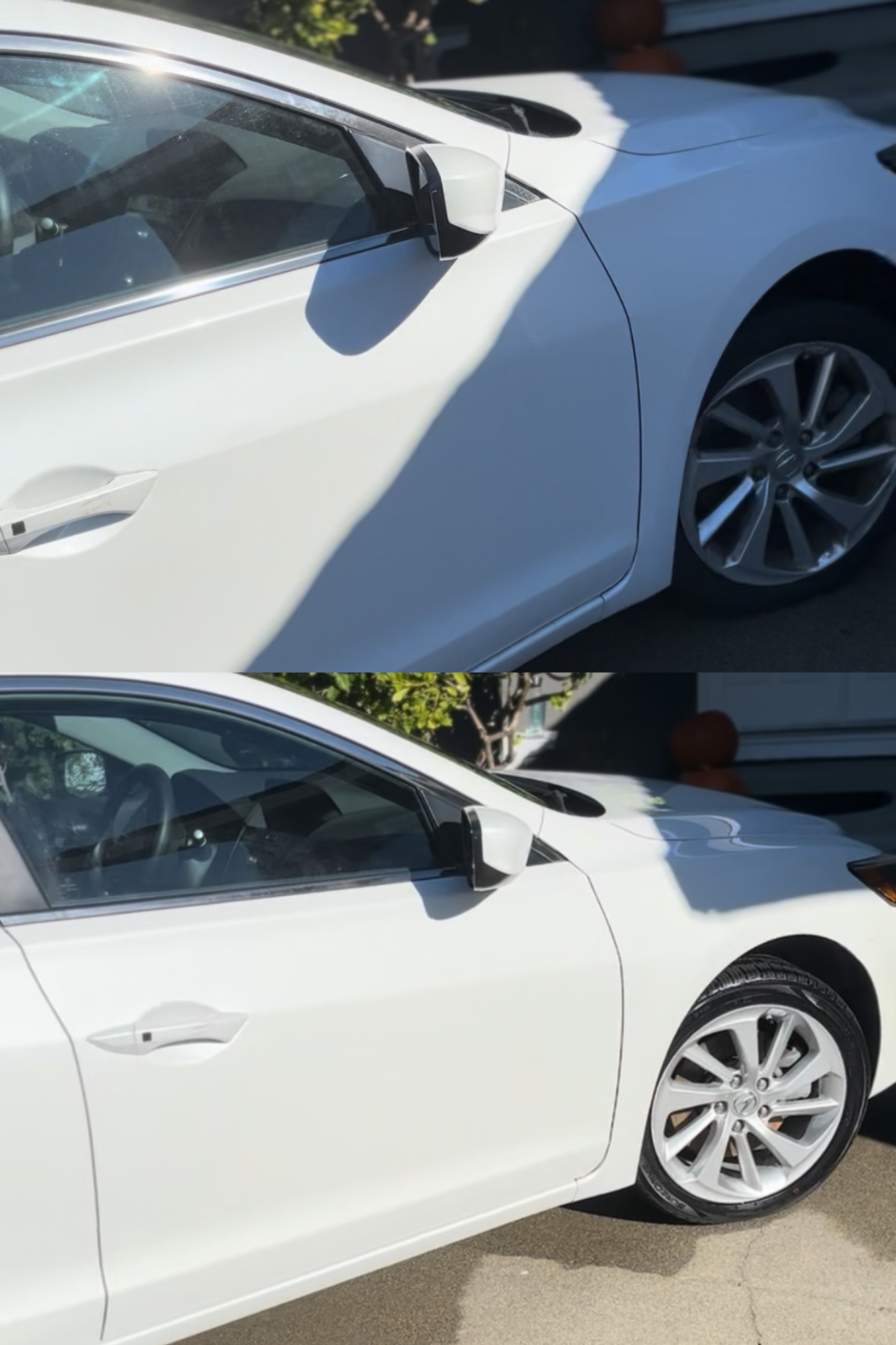 Side view of a white car parked outdoors, with shadows cast on the passenger side, showing the front wheel and part of the door, in different lighting conditions.