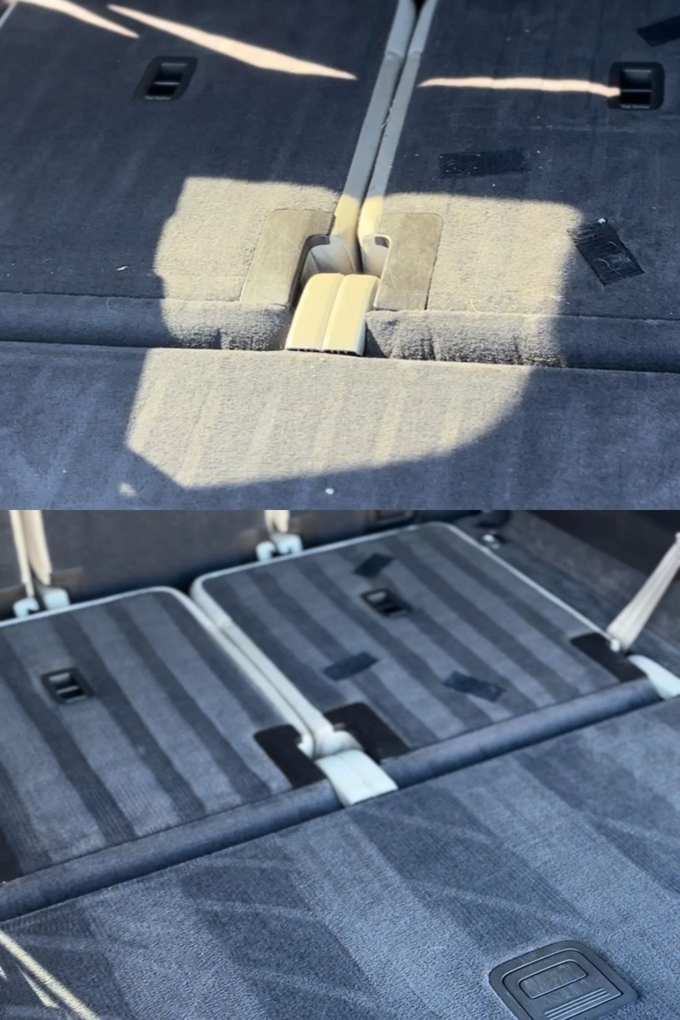 The images show the interior of a vehicle's trunk, focusing on the folded and unfolded rear seats and the anchoring system for the seats.