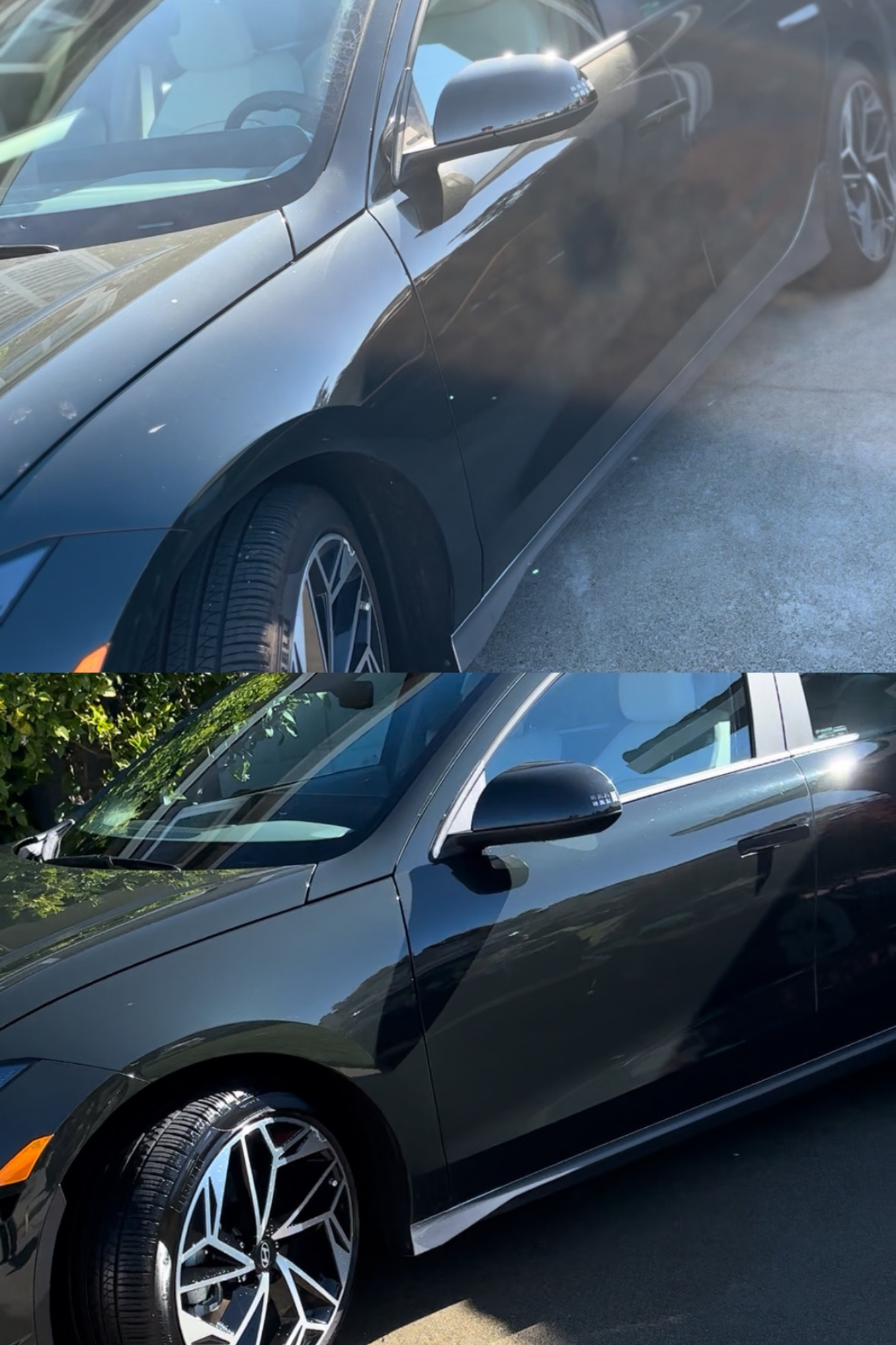 Comparison of a black car with a matte finish and a shiny finish; the top image shows the matte finish, while the bottom image shows a glossy finish with reflections.