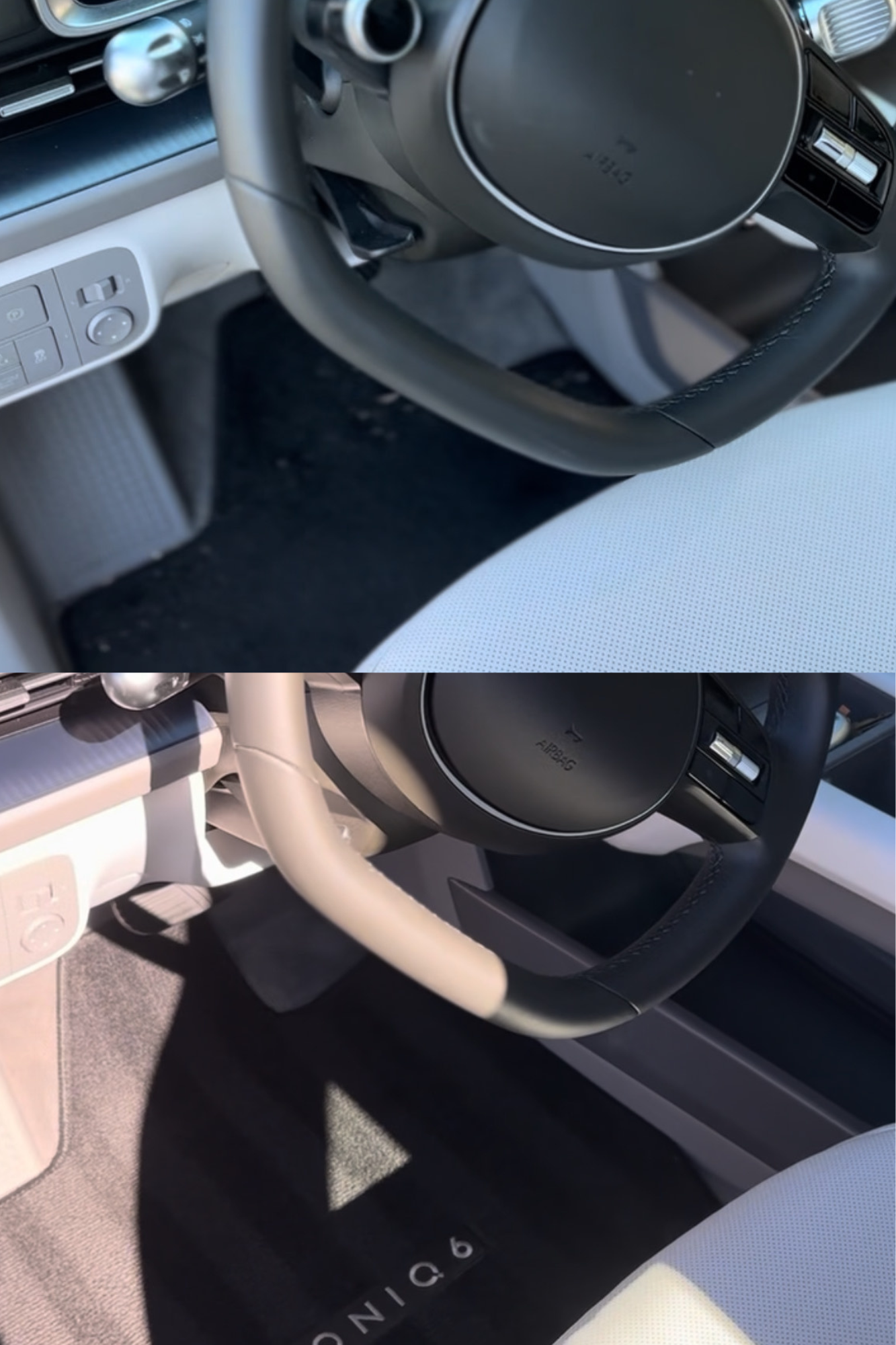 Comparison of car interiors showing steering wheels, dashboards, and floor mats with different designs and colors.