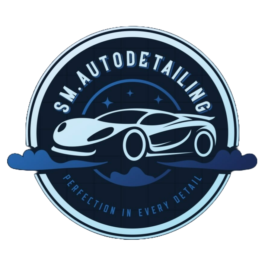 Logo for S.M. Autodetailing featuring a stylized sports car with stars and clouds in blue and white, with the tagline 'Perfection in Every Detail'.