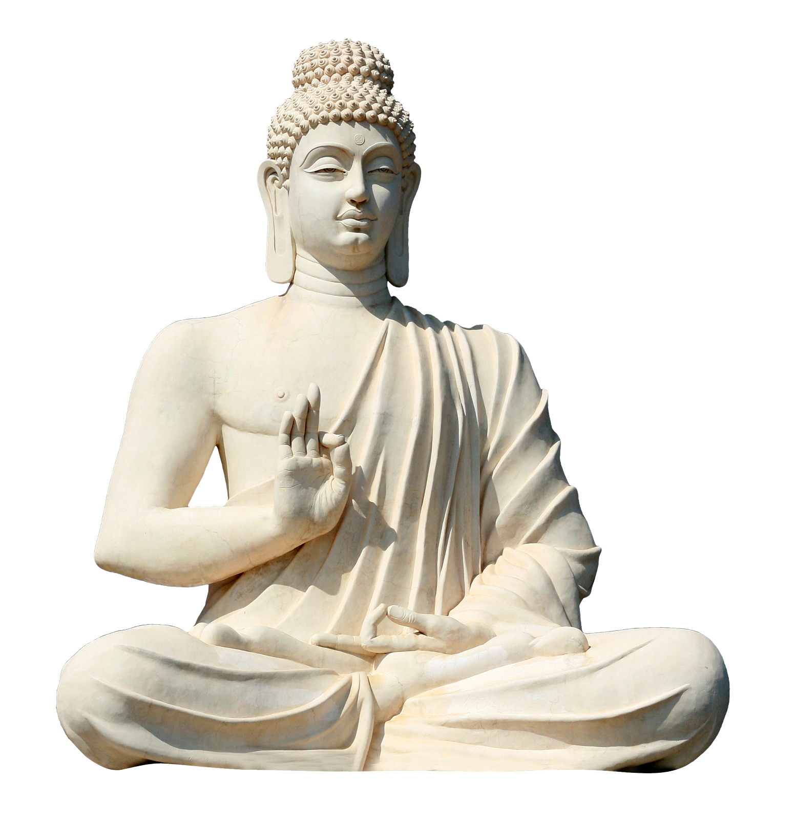 White seated Buddha statue in a meditation pose against a black background.