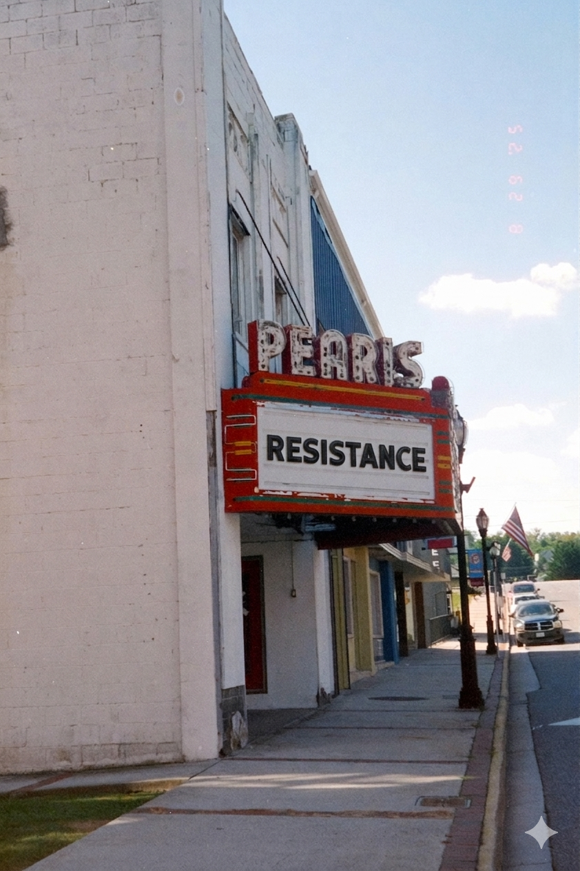 PEARIS Theater Marquee in a quiet small town. On the Theater’s marquee is the word “RESISTANCE"