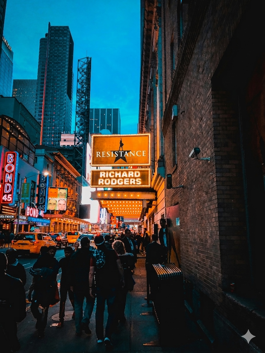 A group of New York City Times Square Theater goers wait in line to see the smash Broadway musical Hamilton. On the theater marquee, instead of “Hamilton” the sign says “RESISTANCE”.