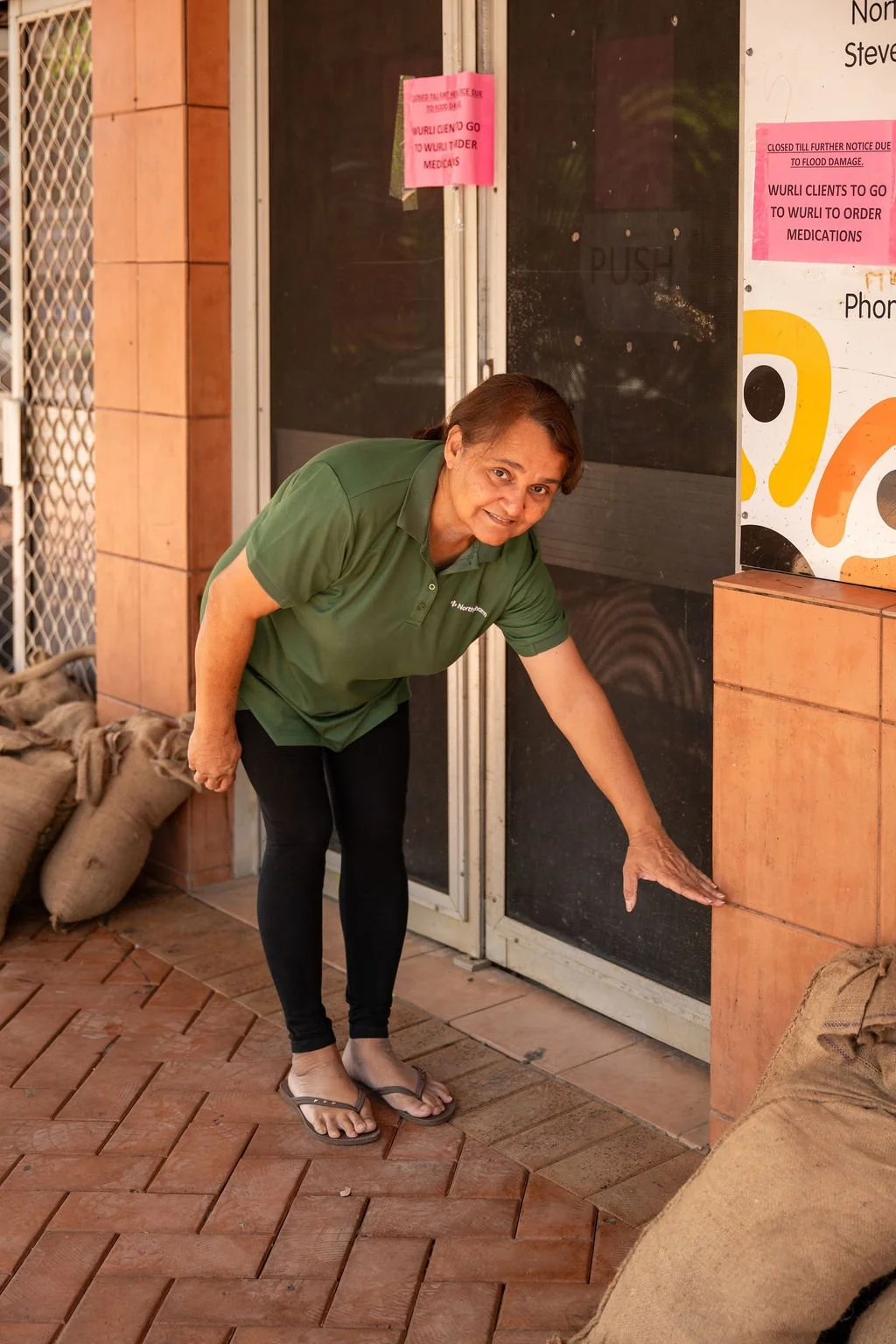 Priscilla showing the level the floods got to