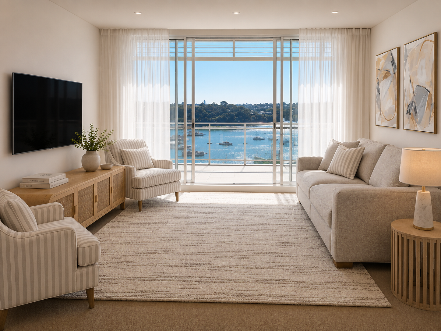 Living room with beige sofas, armchairs, a wooden sideboard, a flat-screen TV, and a view of a bay with boats through sliding glass doors.