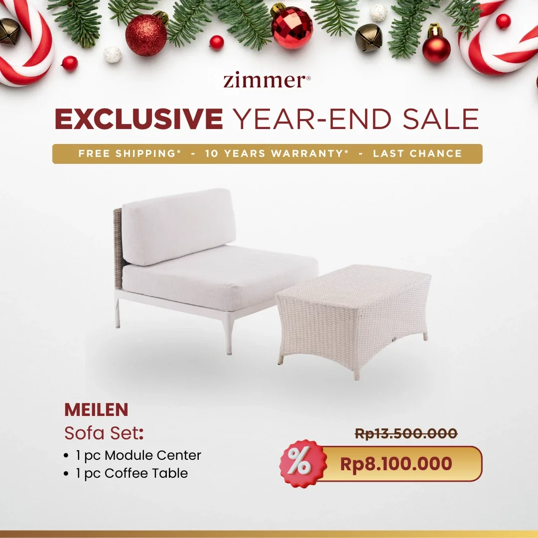Holiday advertisement for Zimmer's exclusive year-end sale featuring a white sofa set with a module center and coffee table, decorated with Christmas ornaments and greenery at the top, showing the discounted price of Rp8.100.000 from Rp13.500.000.