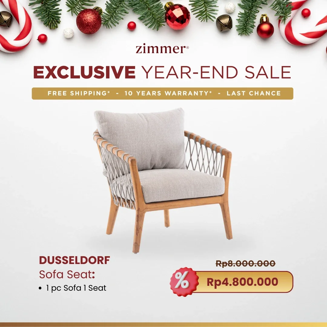 Advertisement for Zimmer's exclusive year-end sale featuring a Dusseldorf sofa seat with a modern design, displayed against a white background with festive Christmas decorations at the top. The sale offers free shipping and a 10-year warranty, priced