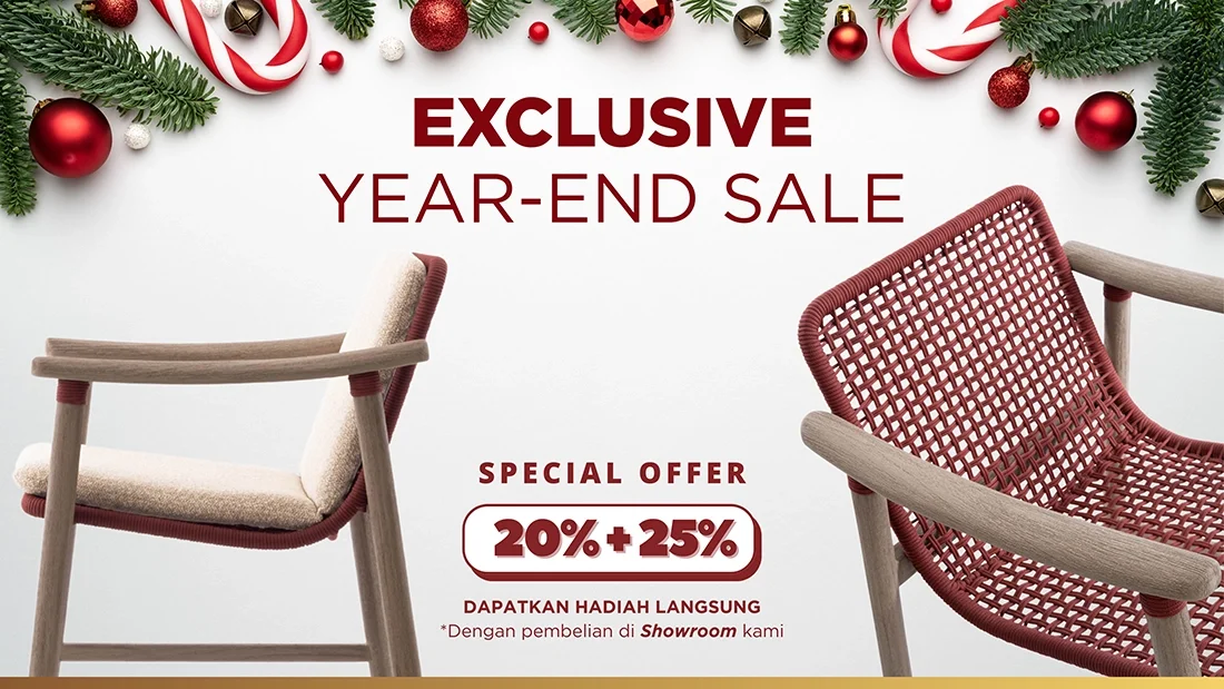 Advertising banner for an exclusive year-end sale with Christmas decor, featuring two chairs, one with a fabric seat and the other with woven material, and green and red Christmas ornaments and pine branches at the top.