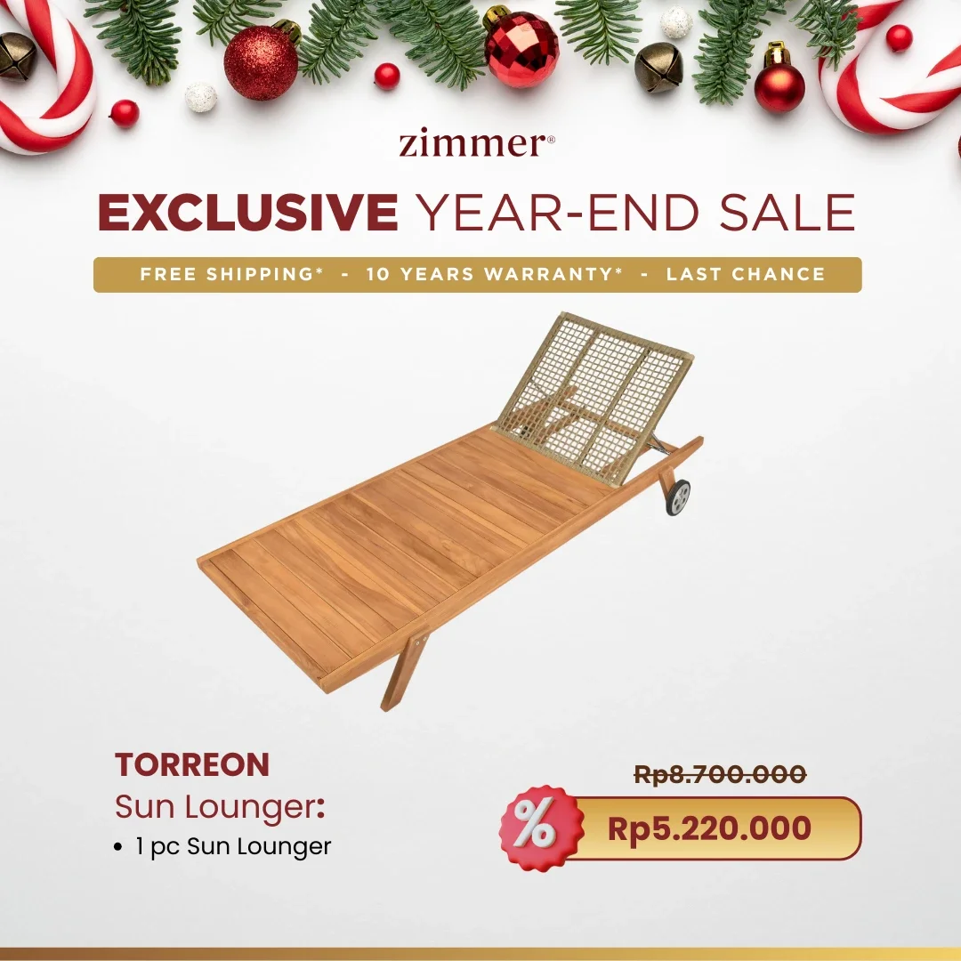 A holiday sale advertisement featuring a wooden sun lounger with a metal backrest, surrounded by Christmas ornaments and pine branches at the top. Text indicates an exclusive year-end sale with free shipping, a 10-year warranty, and a last chance off