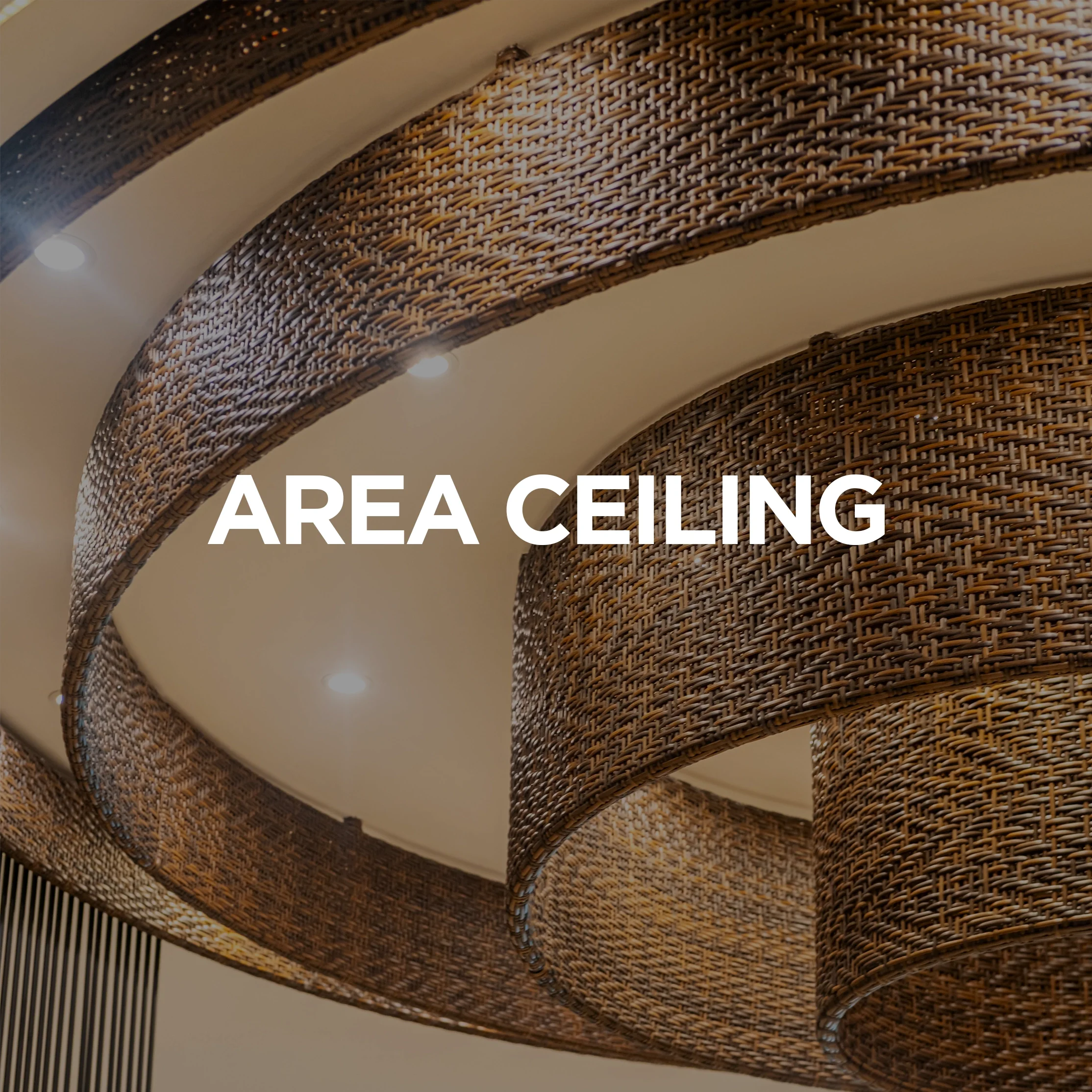 Close-up of a decorative, woven, circular ceiling light fixture with integrated spotlights in an area ceiling.