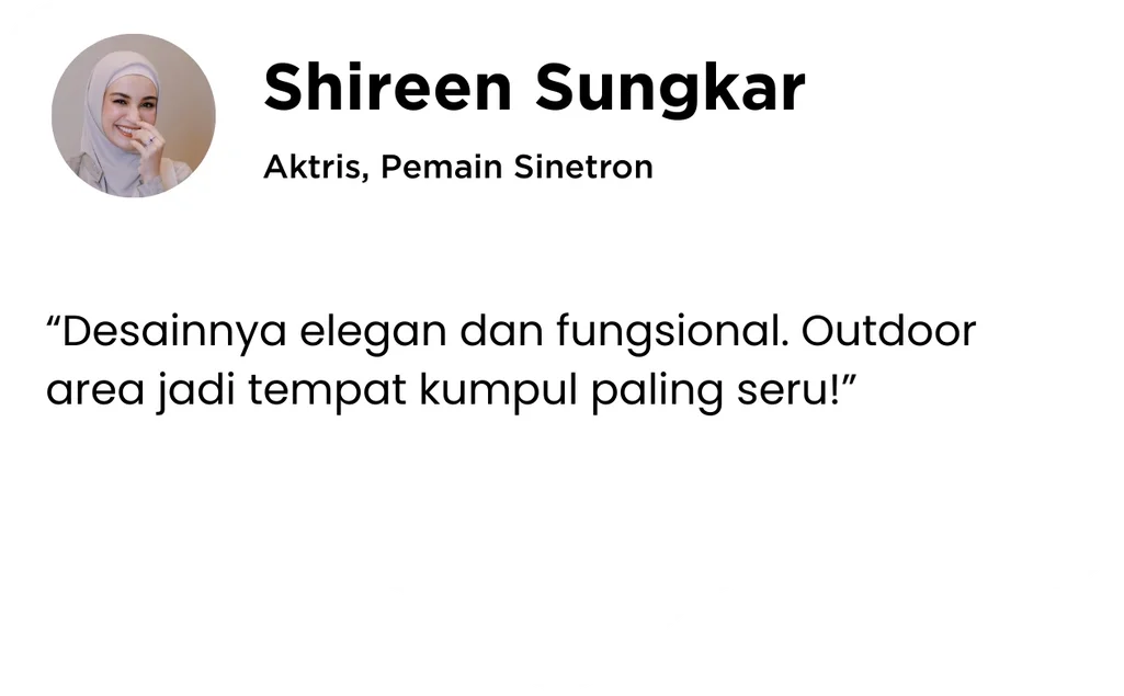 Profile picture of Shireen Sungkаr, a smiling woman wearing a hijab. Text indicates she is an actress and a Sinetron player, with a quote about outdoor area design being elegant and funtional.