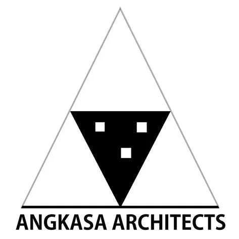 A black triangle with three small white squares inside it, set against a white background. Below the triangle, the text reads "ANGKASA ARCHITECTS."