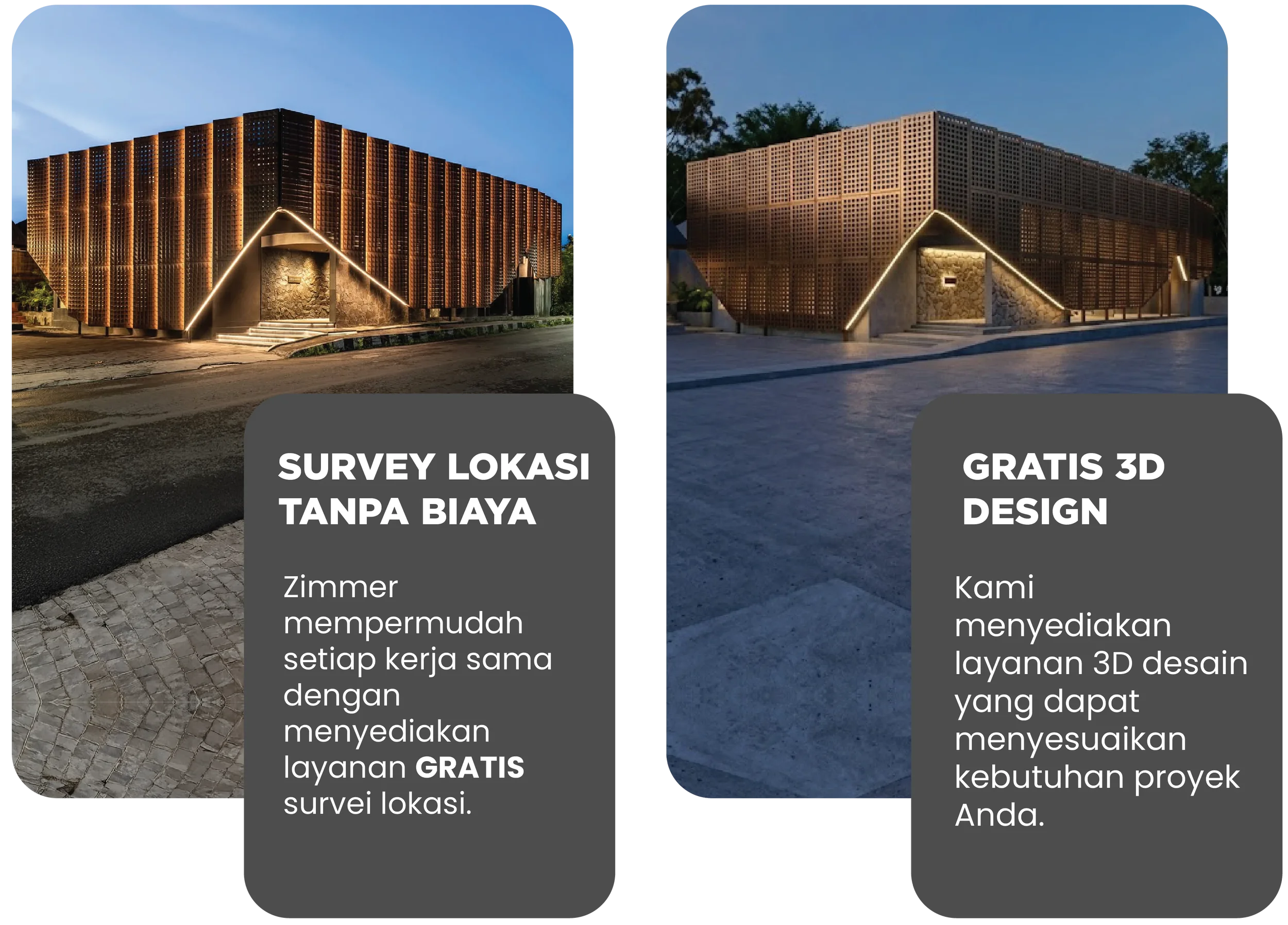 Two images of modern building designs at dusk, with promotional text in Indonesian offering free survey and 3D design services.