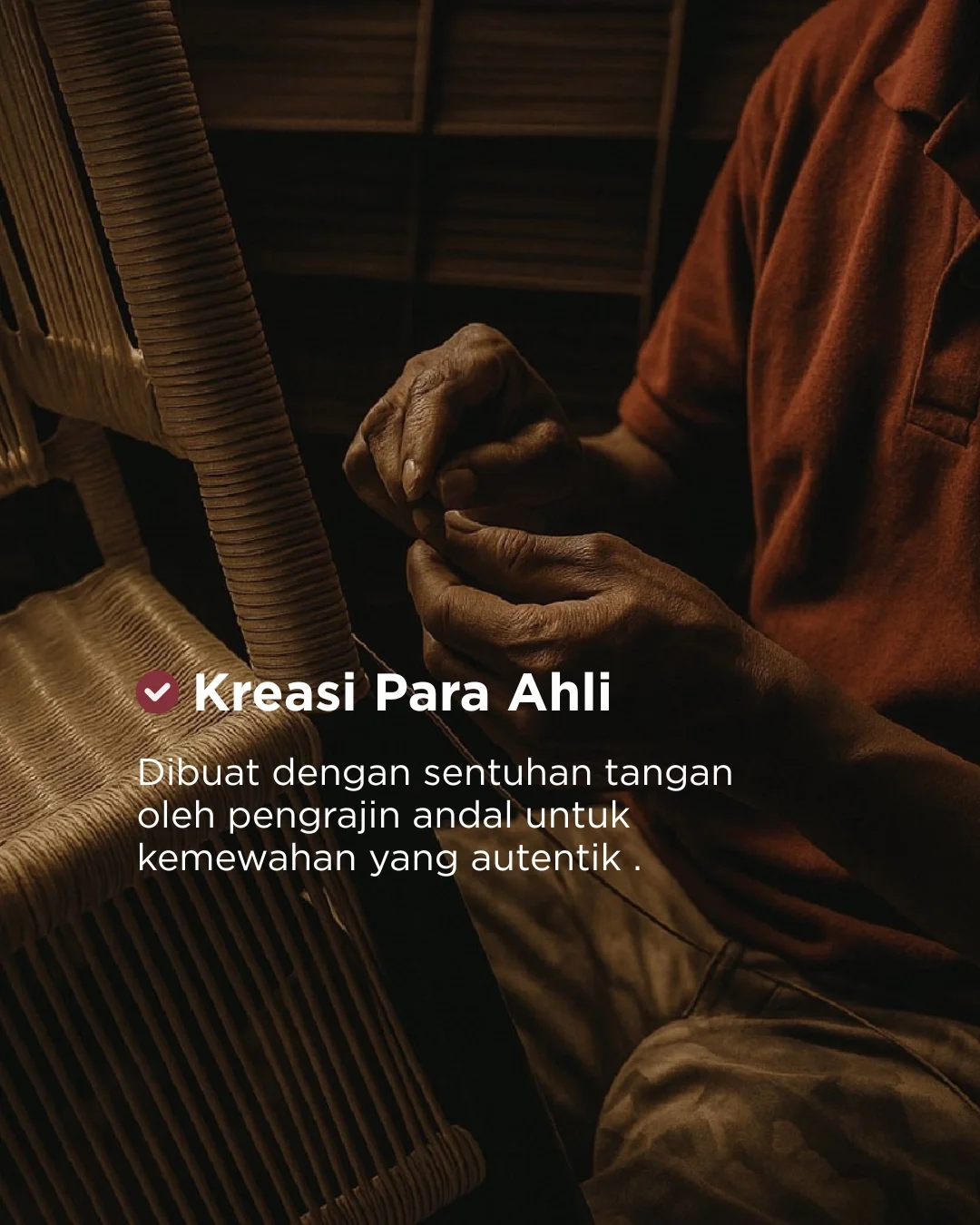 A person working with their hands, possibly crafting or creating something, with text overlay promoting handmade craftsmanship for authenticity.