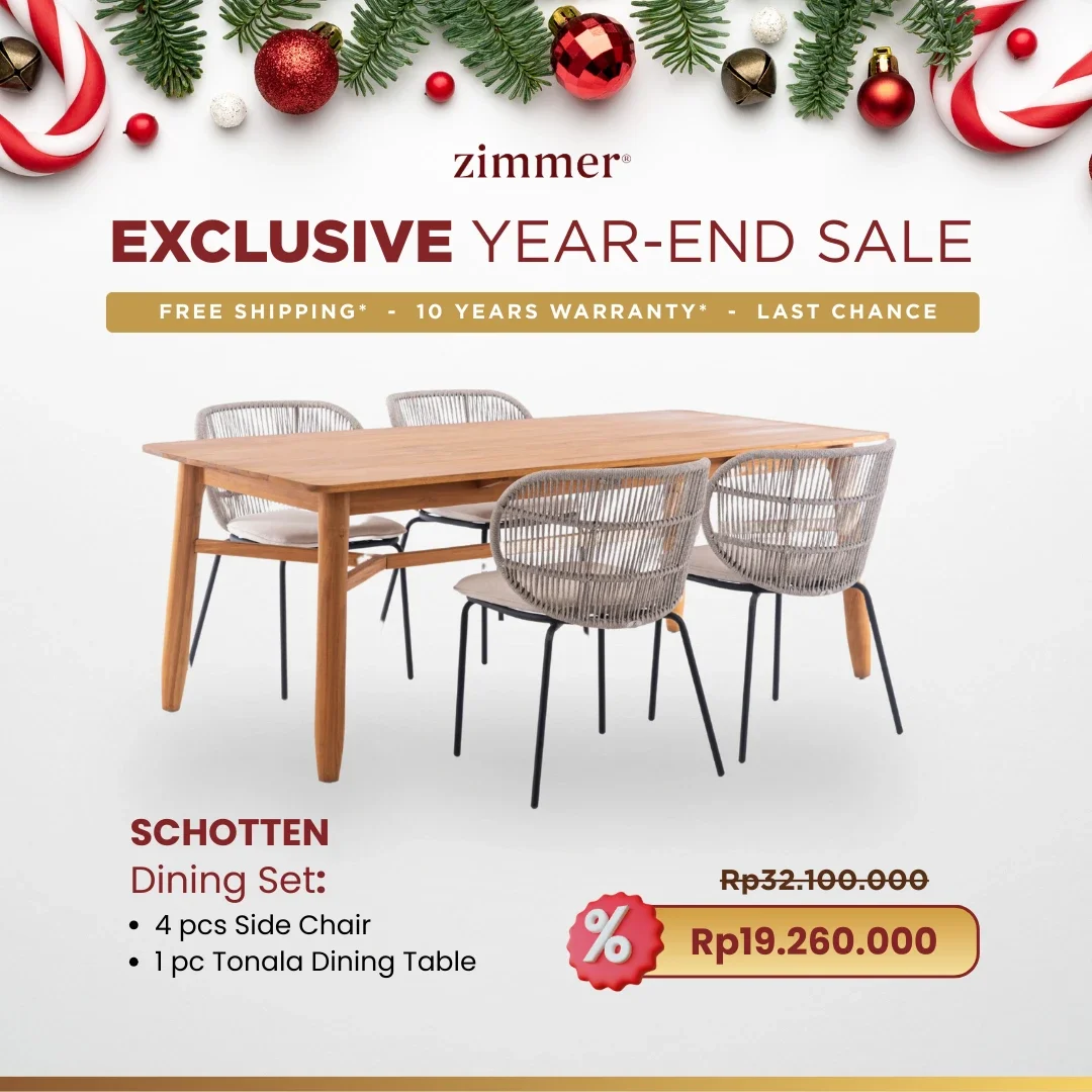 Holiday-themed advertisement featuring Christmas decorations like ornaments and pine branches, promoting a year-end sale on a modern dining set consisting of a wooden table and four rattan chairs at discounted price.