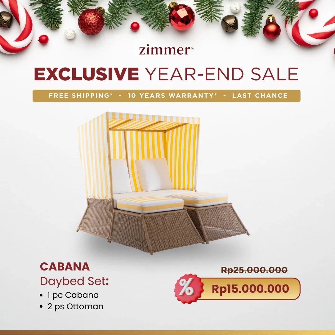 A promotional holiday advertisement featuring Christmas decorations with green pine branches and red and white ornaments at the top. The ad showcases a Zimmer exclusive year-end sale with free shipping, a 10-year warranty, and limited time offers. Th
