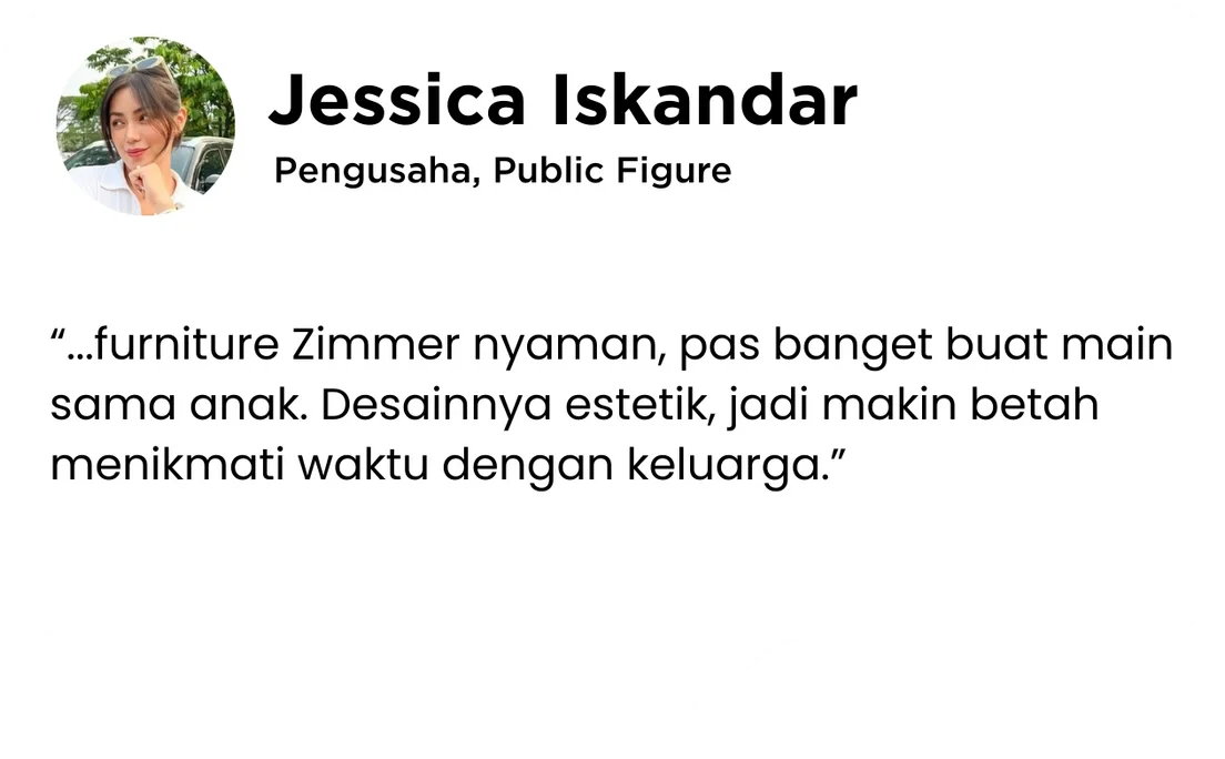 Business card of Jessica Iskandar, a public figure and entrepreneur, featuring her name, photo, and a quote in Indonesian about furniture and family.