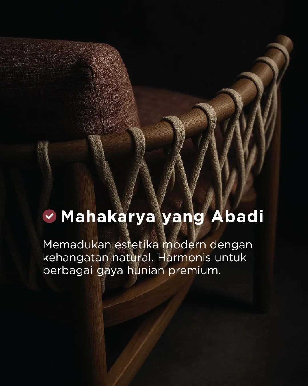 Close-up view of a modern wooden chair with a woven rope detail around the rim, with a dark background.