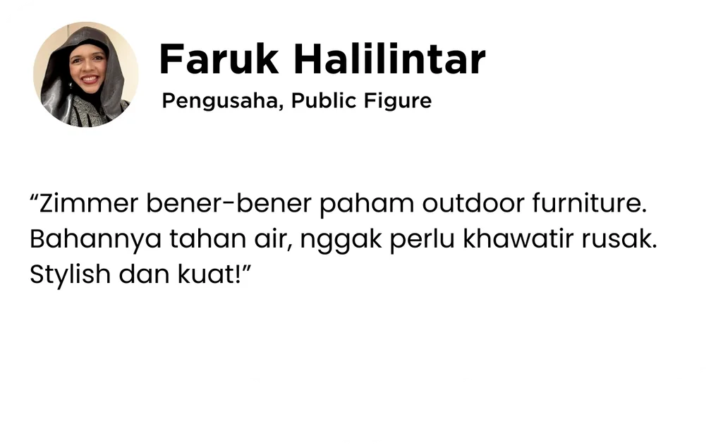 Profile picture of Faruk Halintar, a man with a beard and wearing sunglasses, and text describing him as a businessman and public figure, along with a quote in Indonesian about outdoor furniture being waterproof, stylish, and durable.