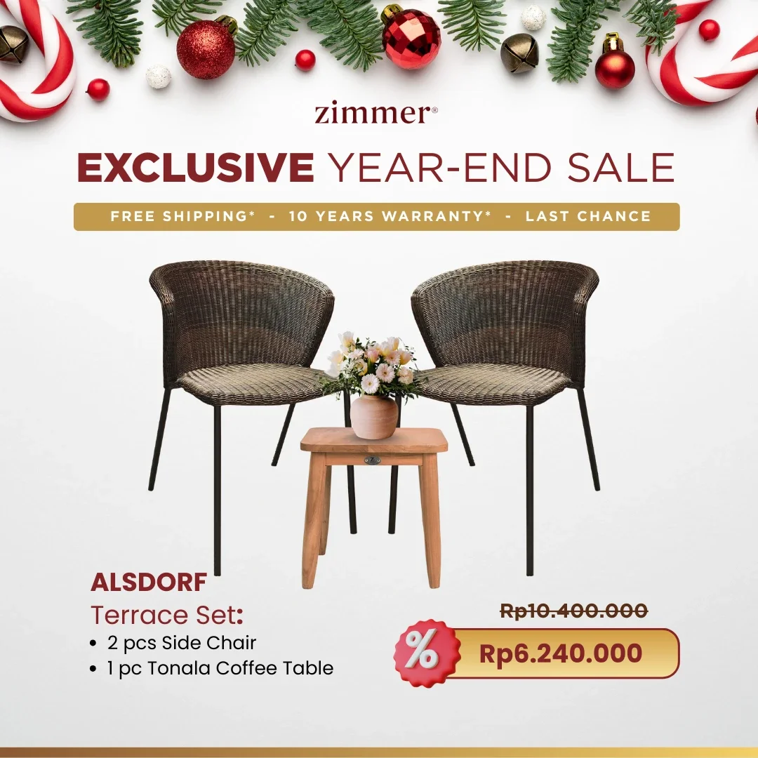 A promotional advertisement for Zimmer's exclusive year-end sale featuring a terrace furniture set. The set includes two side chairs and one Tonala coffee table, with a Christmas-themed border of greenery and ornaments at the top. The price is discou