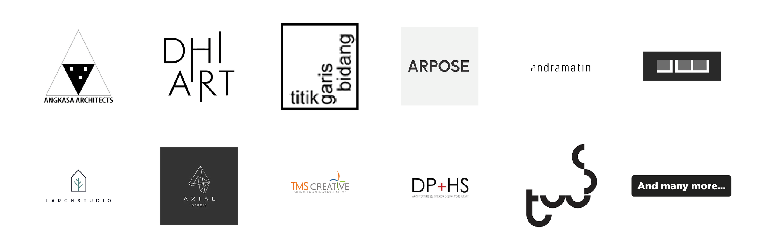 A collection of black and white logos and text for various architecture firms and design agencies, including Angkasa Architects, Art, Gaisaris Bidang, Arpose, Andramatin, Studio, Axial Studio, TMS Creative, DPH S, and an abstract graphic element.