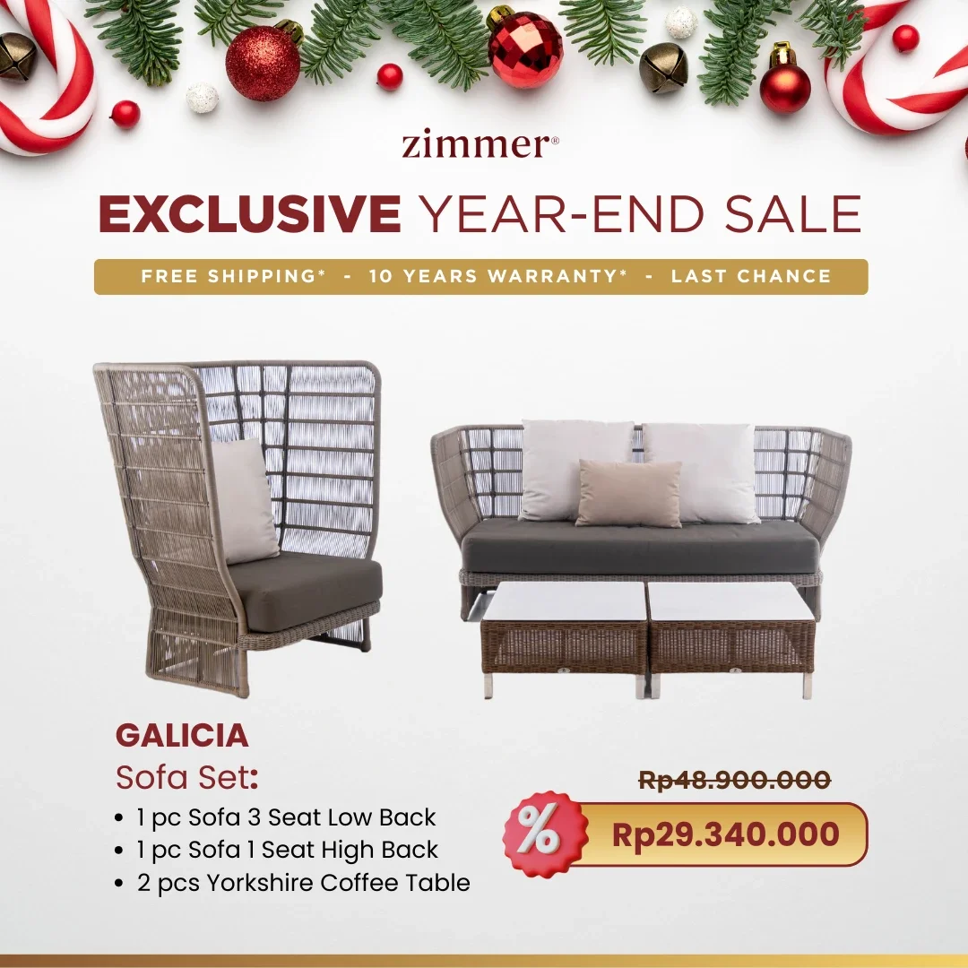 Christmas-themed promotional advertisement for Zimmer's exclusive year-end sale on Galway outdoor furniture set, featuring a sofa with low and high back chairs and Yorkshire coffee tables, with decorative ornaments and pine branches at the top.