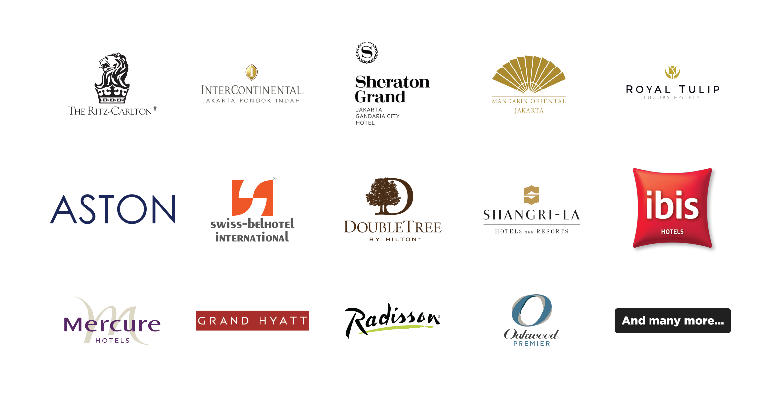 A directory of hotel chains including InterContinental, Sheraton Grand, Mandarin Oriental, Royal Tulip, Ibis, Aston, Swissotel, DoubleTree by Hilton, Shangri-La, Mercure, Grand Hyatt, Radisson, and others.