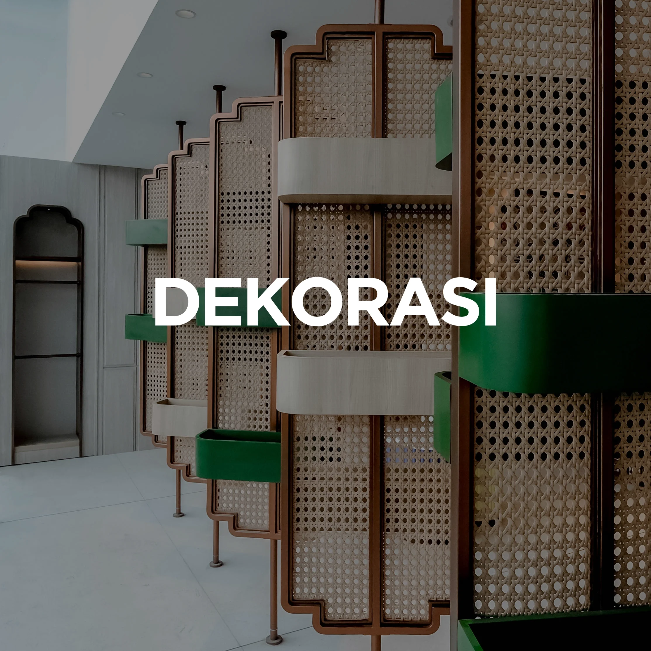 Decorative wooden room divider with green and beige shelves in a modern interior.