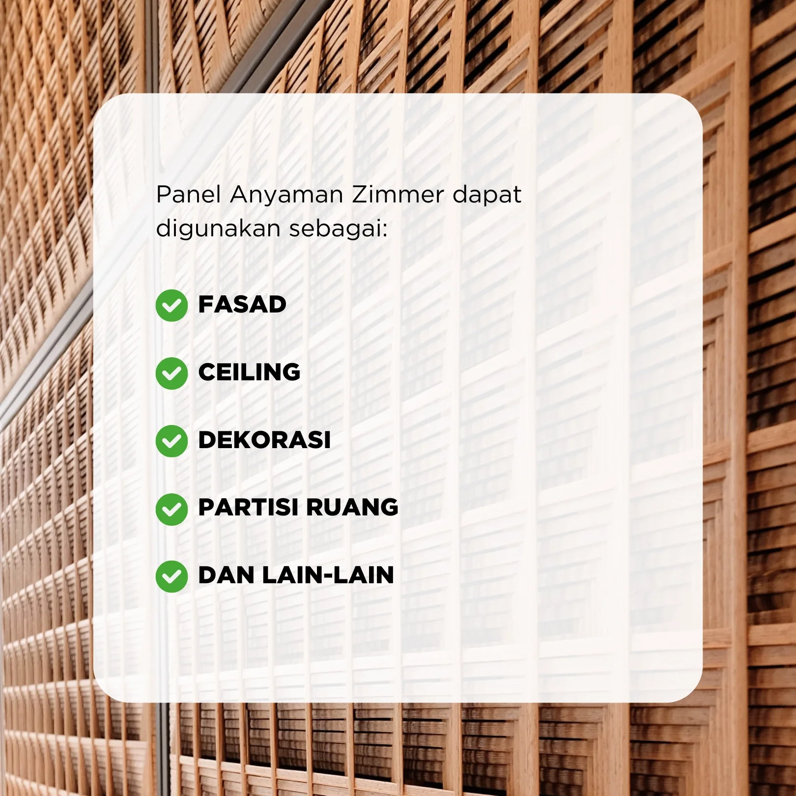 A wooden wall panel made of slats with a window or vent and some pipes at the top. Overlaid text in Indonesian describes the panel's uses.