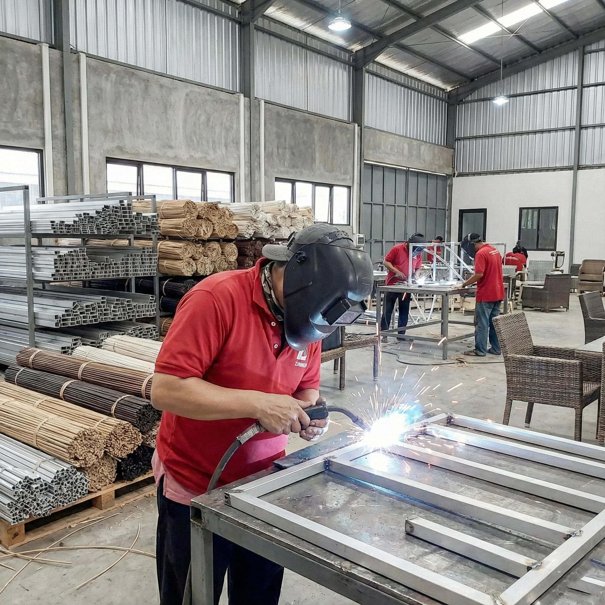 Workers welding metal frames in a manufacturing workshop with shelves of metal pipes and wicker furniture.